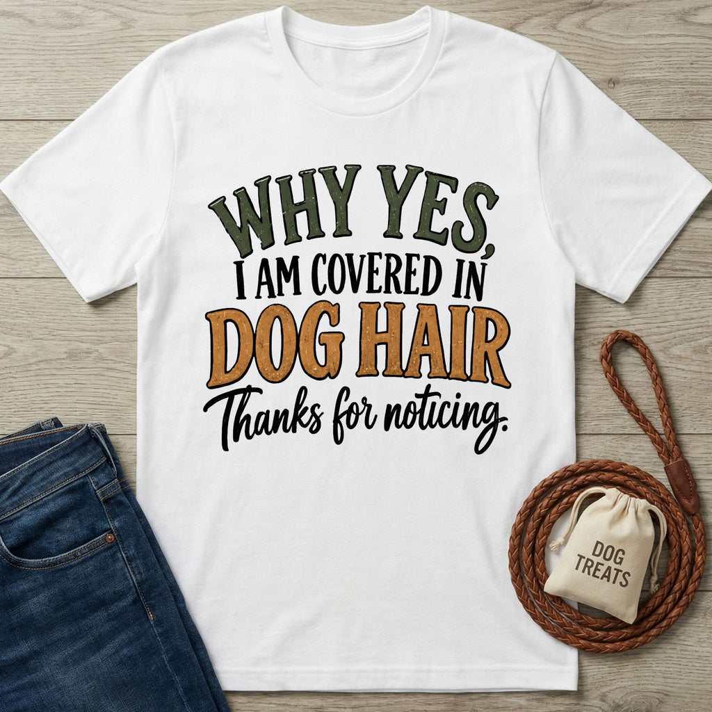 White cotton T-shirt with the text Why Yes, I Am Covered In Dog Hair Thanks For Noticing in green, black, and orange.