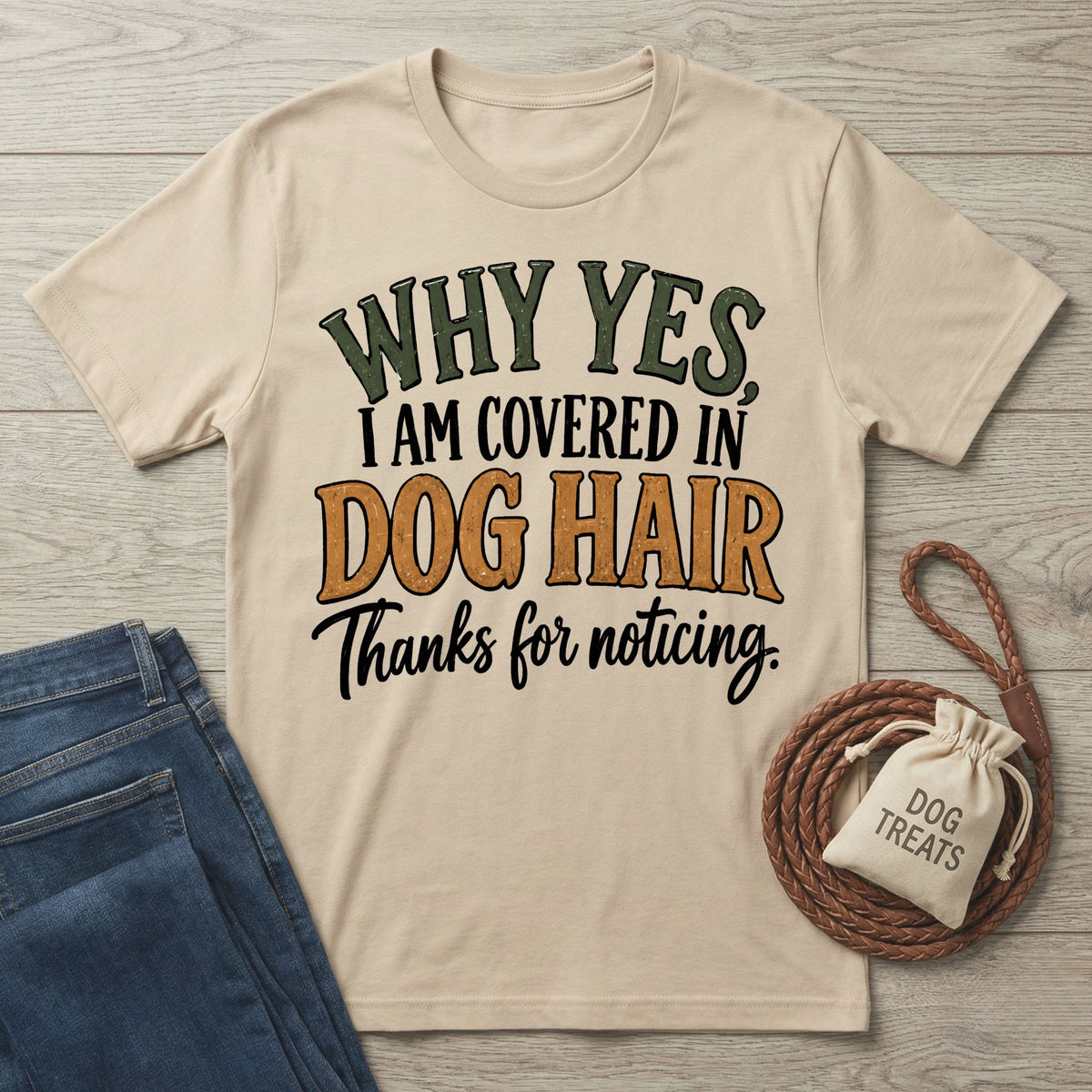 Beige crewneck T-shirt with the text Why Yes, I Am Covered In Dog Hair Thanks For Noticing in green, orange, and black.