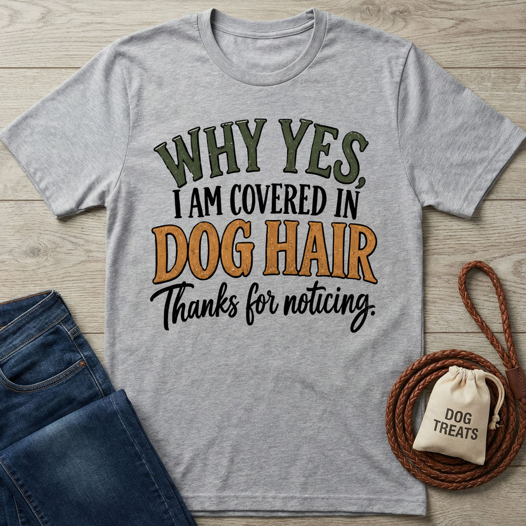 Grey crewneck T-shirt with the text "Why Yes, I Am Covered In Dog Hair, Thanks For Noticing" in colorful lettering.