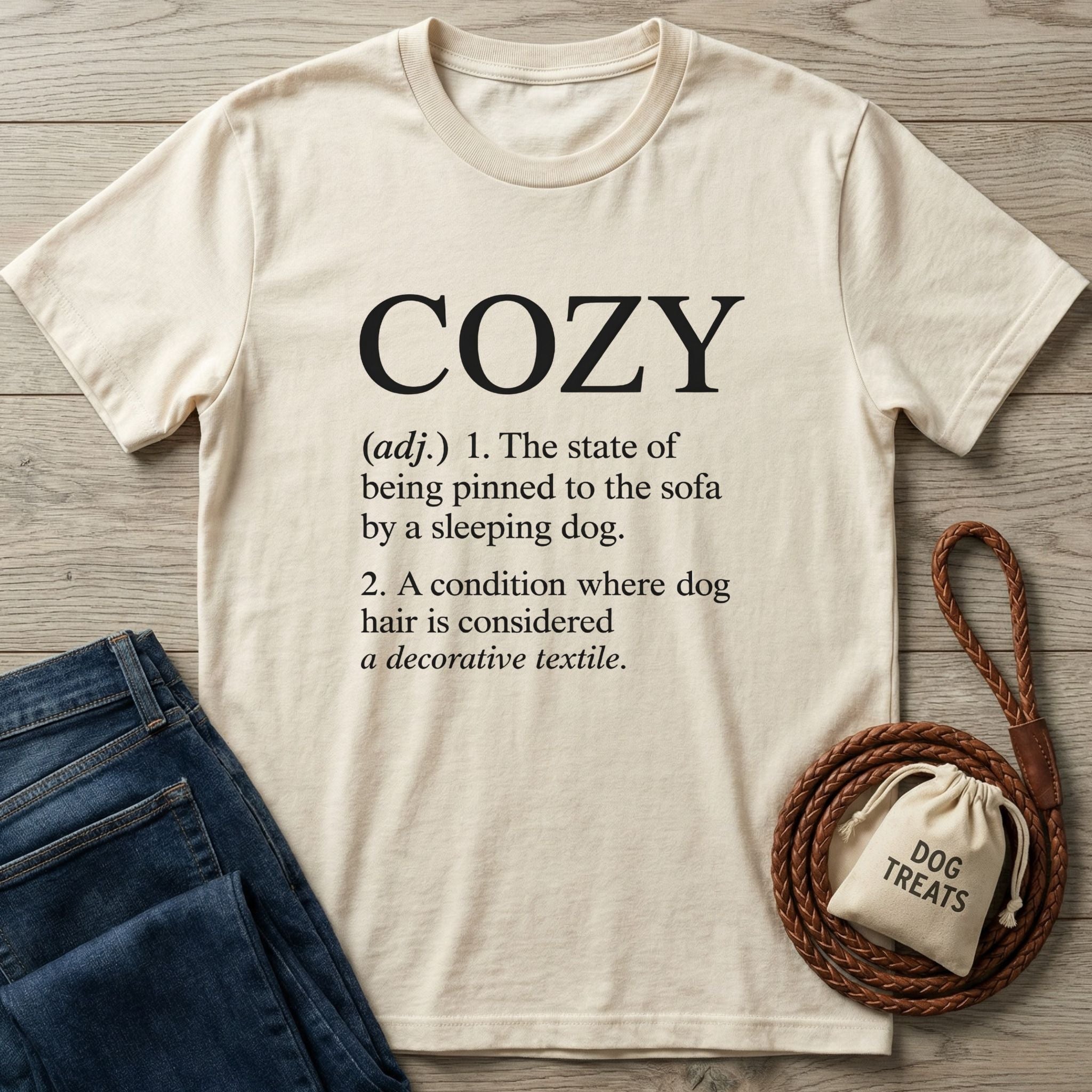 Cream Gildan Softstyle® t-shirt with "COZY" definition print, next to blue jeans and a dog treat bag.