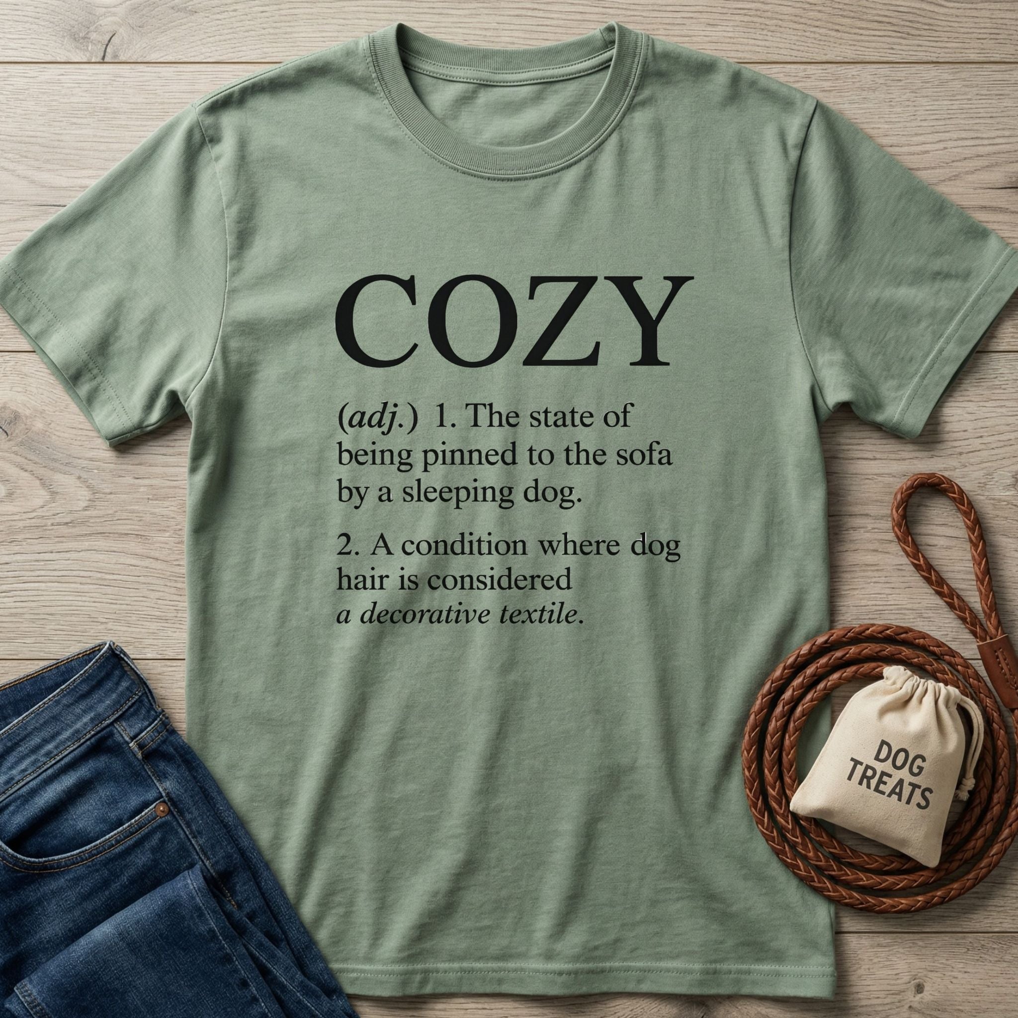 Sage green Gildan Softstyle® t-shirt with "COZY" definition, next to jeans, dog leash, and treat bag.