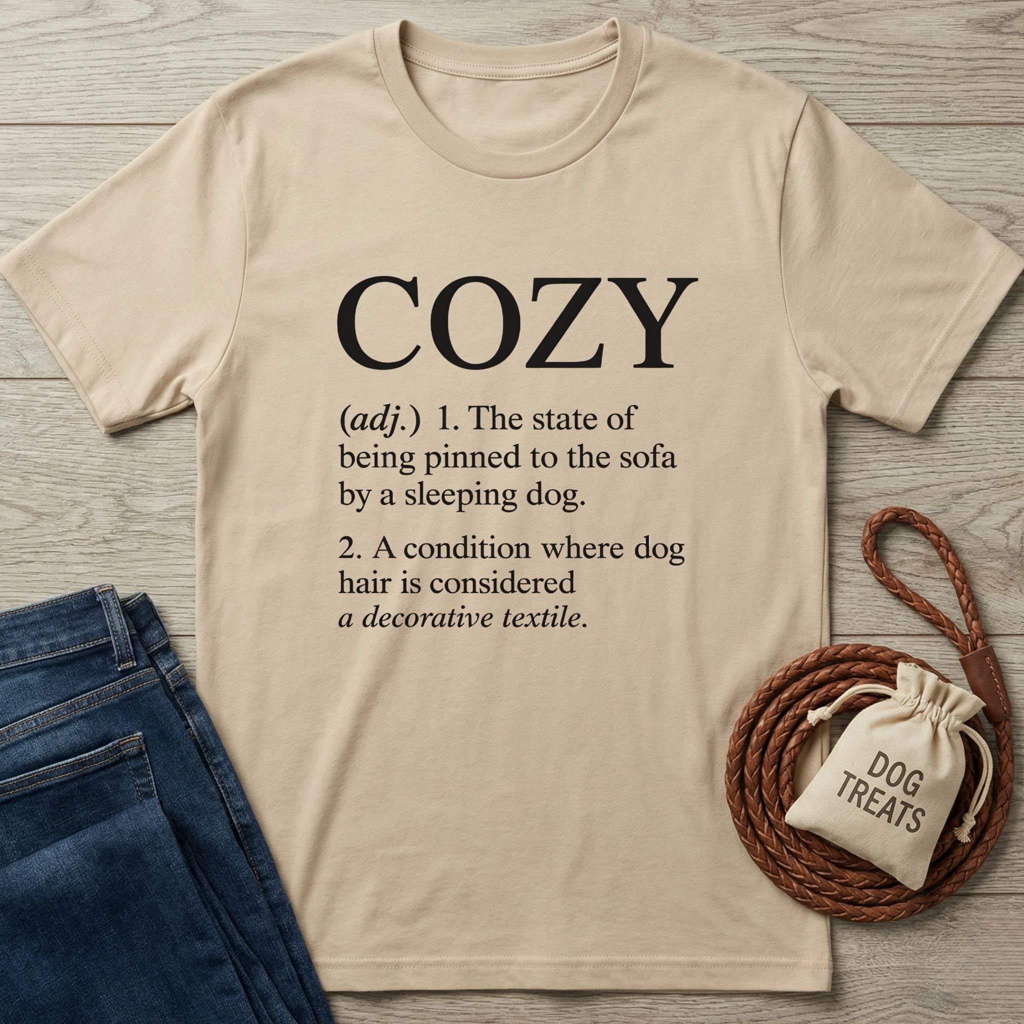 Tan Gildan Softstyle® t-shirt with "COZY" definition print, next to jeans, dog treats, and a leash.