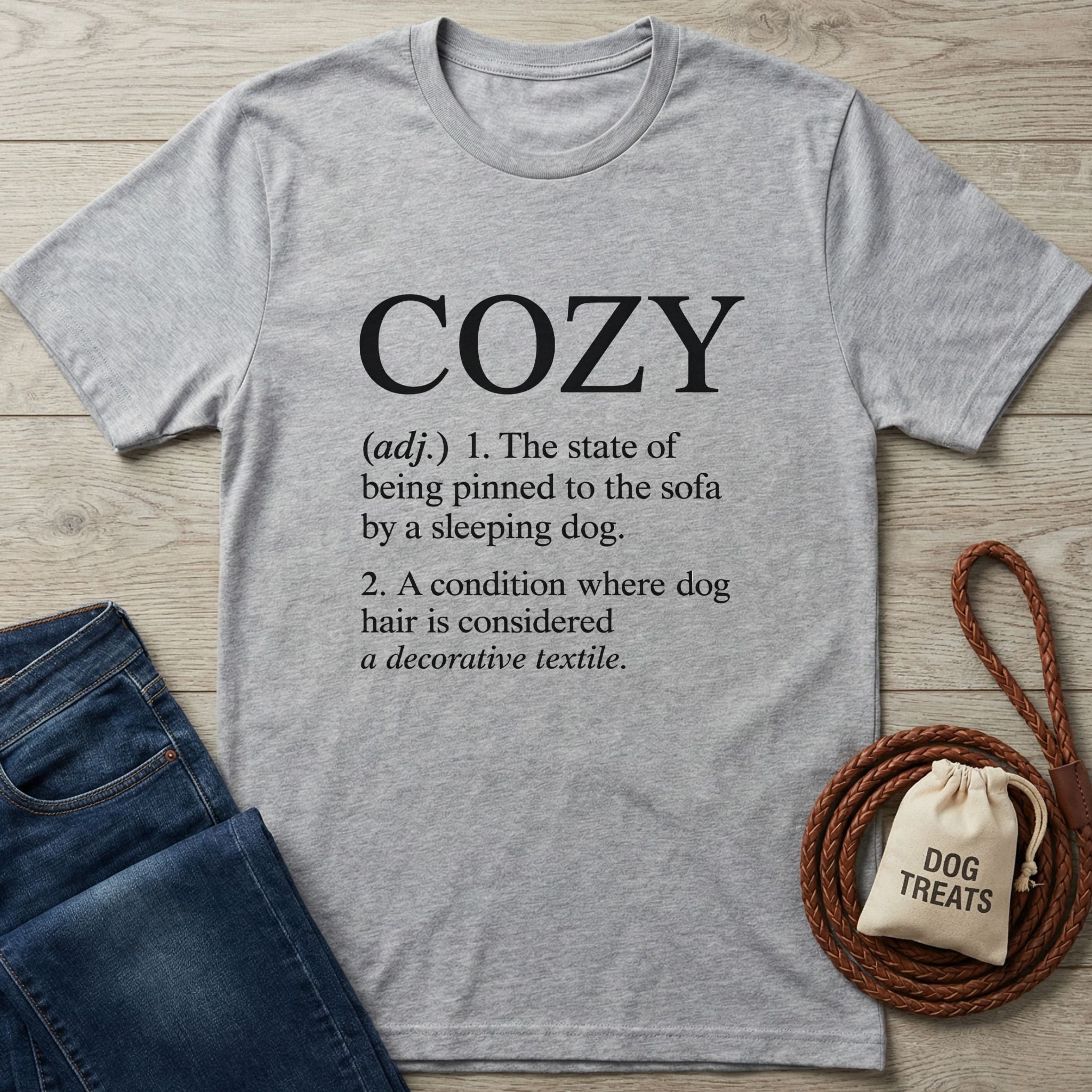 Heather Sport Grey Gildan Softstyle® t-shirt with "COZY" definition print, next to jeans and dog treats.