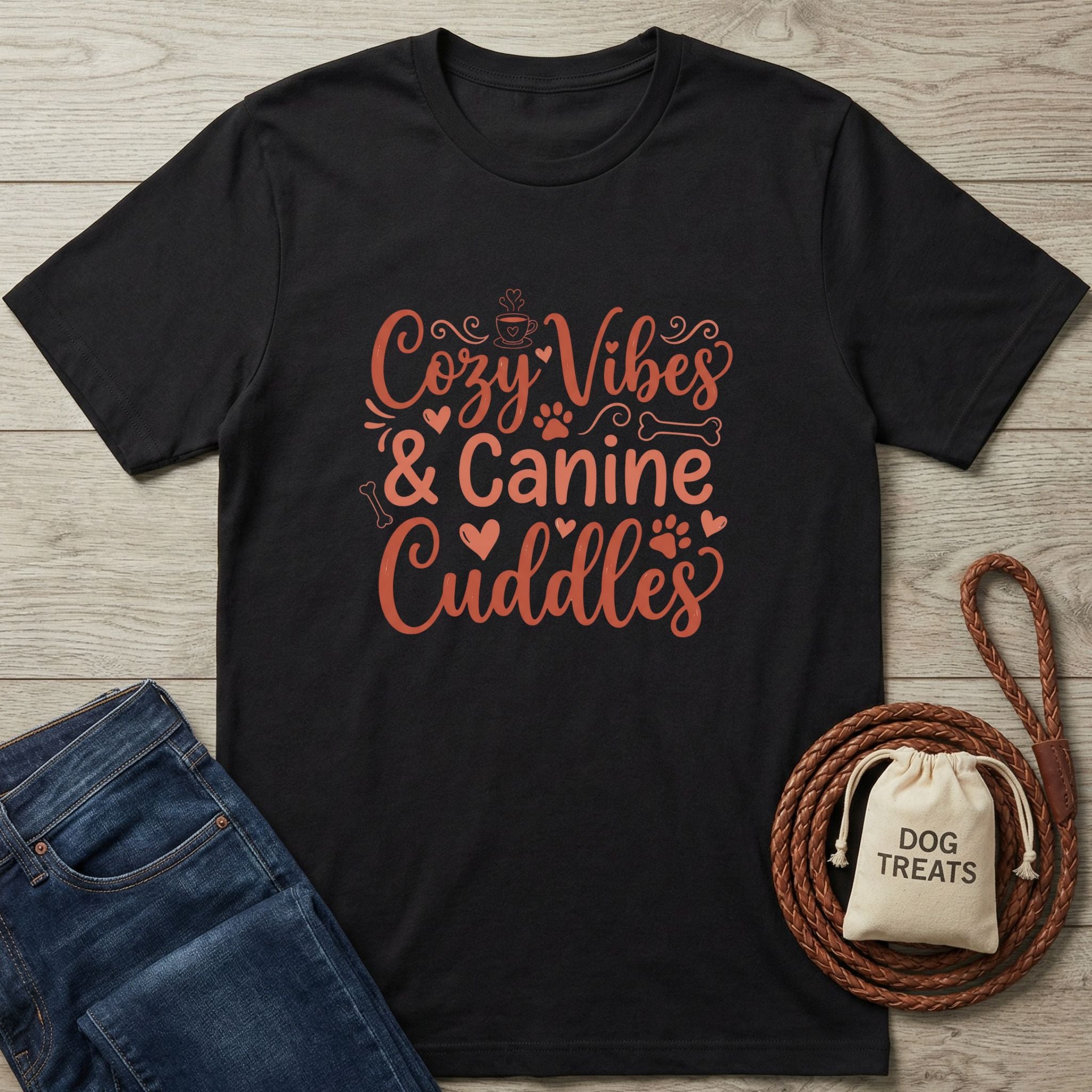 Black Gildan Softstyle t-shirt with "Cozy Vibes & Canine Cuddles" in orange text, next to jeans and dog leash.