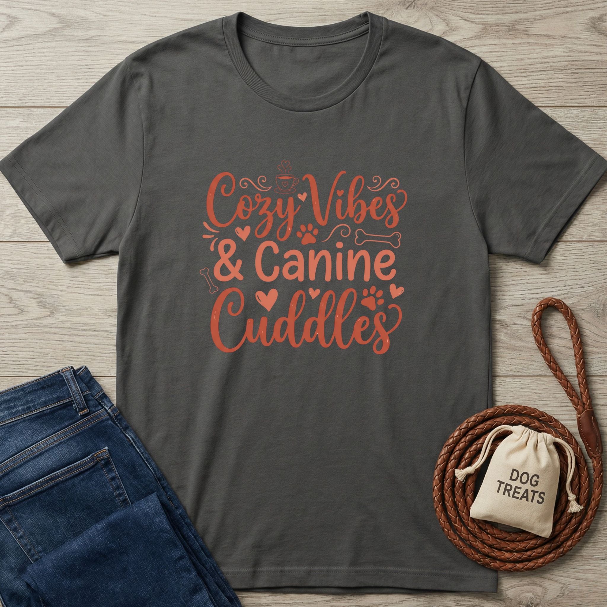 Dark grey Gildan Softstyle t-shirt with "Cozy Vibes & Canine Cuddles" in orange script.