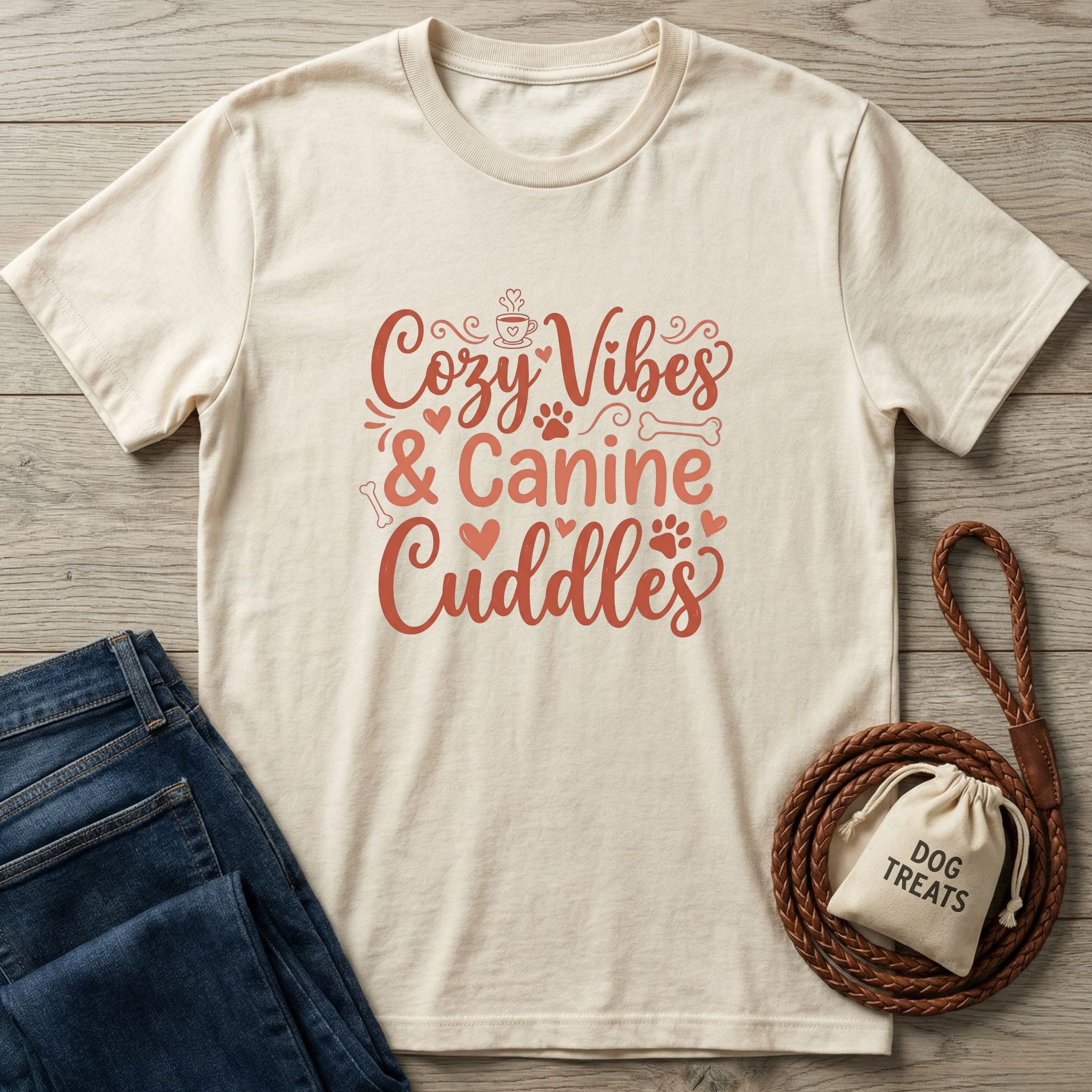 Cream Gildan Softstyle t-shirt with "Cozy Vibes & Canine Cuddles" in red script, beside jeans and dog treats.