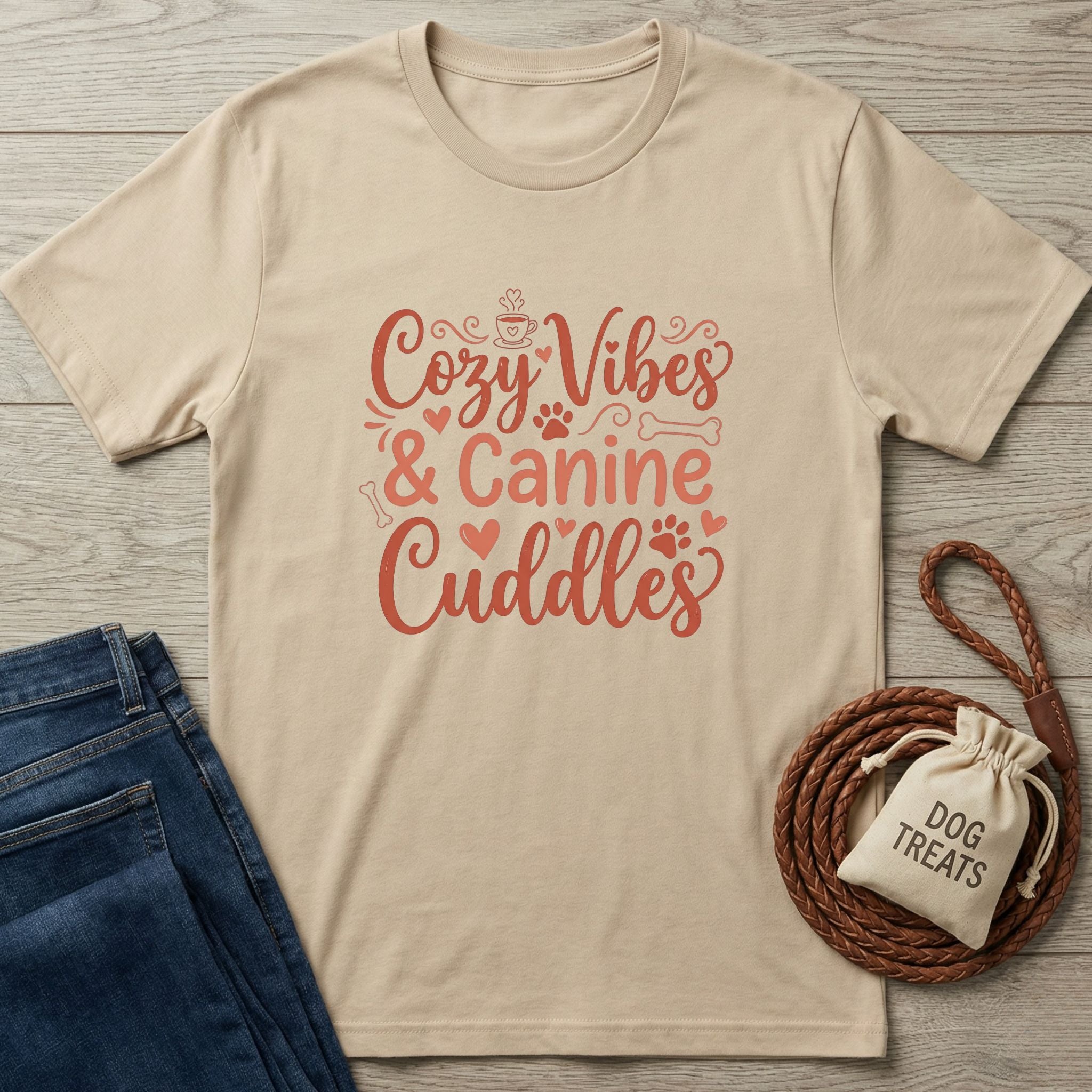 Beige Gildan Softstyle® t-shirt with "Cozy Vibes & Canine Cuddles" graphic, next to jeans and dog treats.