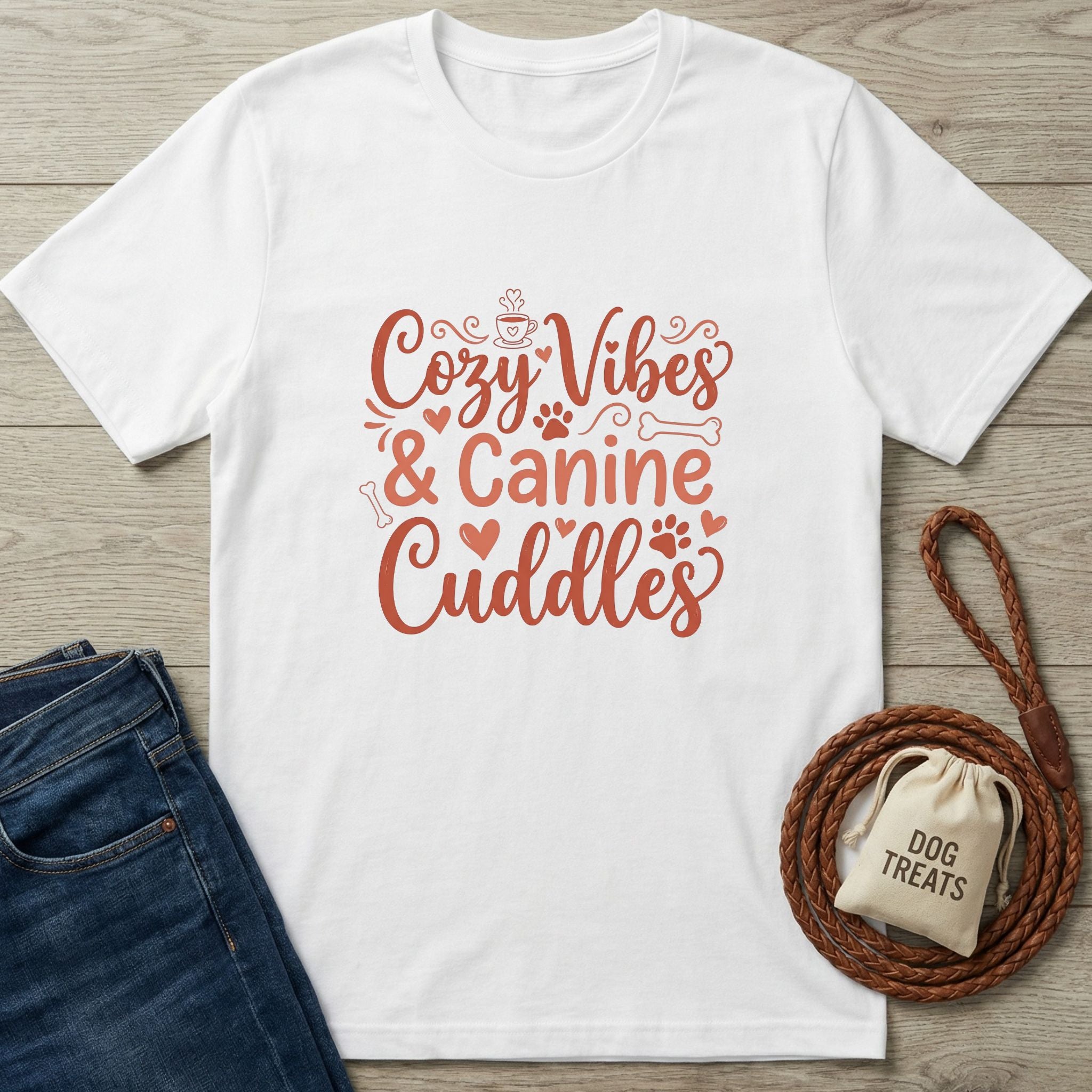 White Gildan Softstyle t-shirt with "Cozy Vibes & Canine Cuddles" in red script, next to jeans and dog treats.