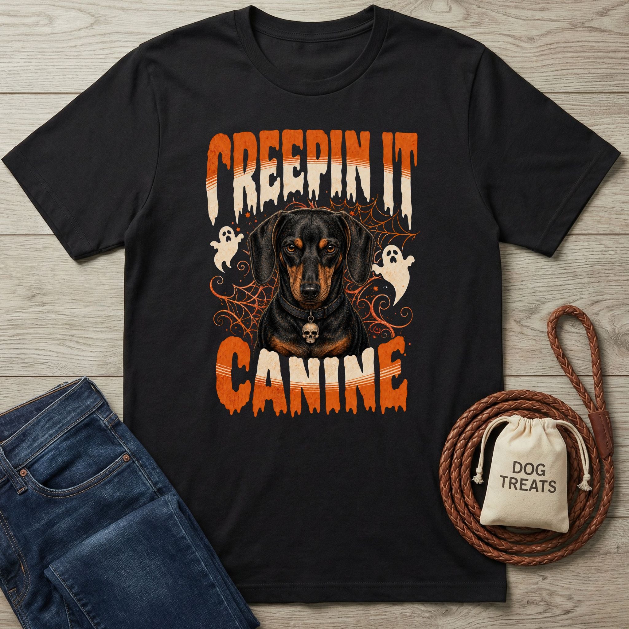 Black cotton t-shirt featuring a Dachshund, ghosts, and spiderwebs with Creepin It Canine text in orange and white.