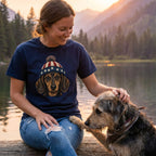 Woman in navy t-shirt with a patriotic dachshund in a stars and stripes beanie, petting a dog by a lake.