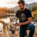 Man in black t-shirt with patriotic dachshund design petting a husky by a lake at sunset.