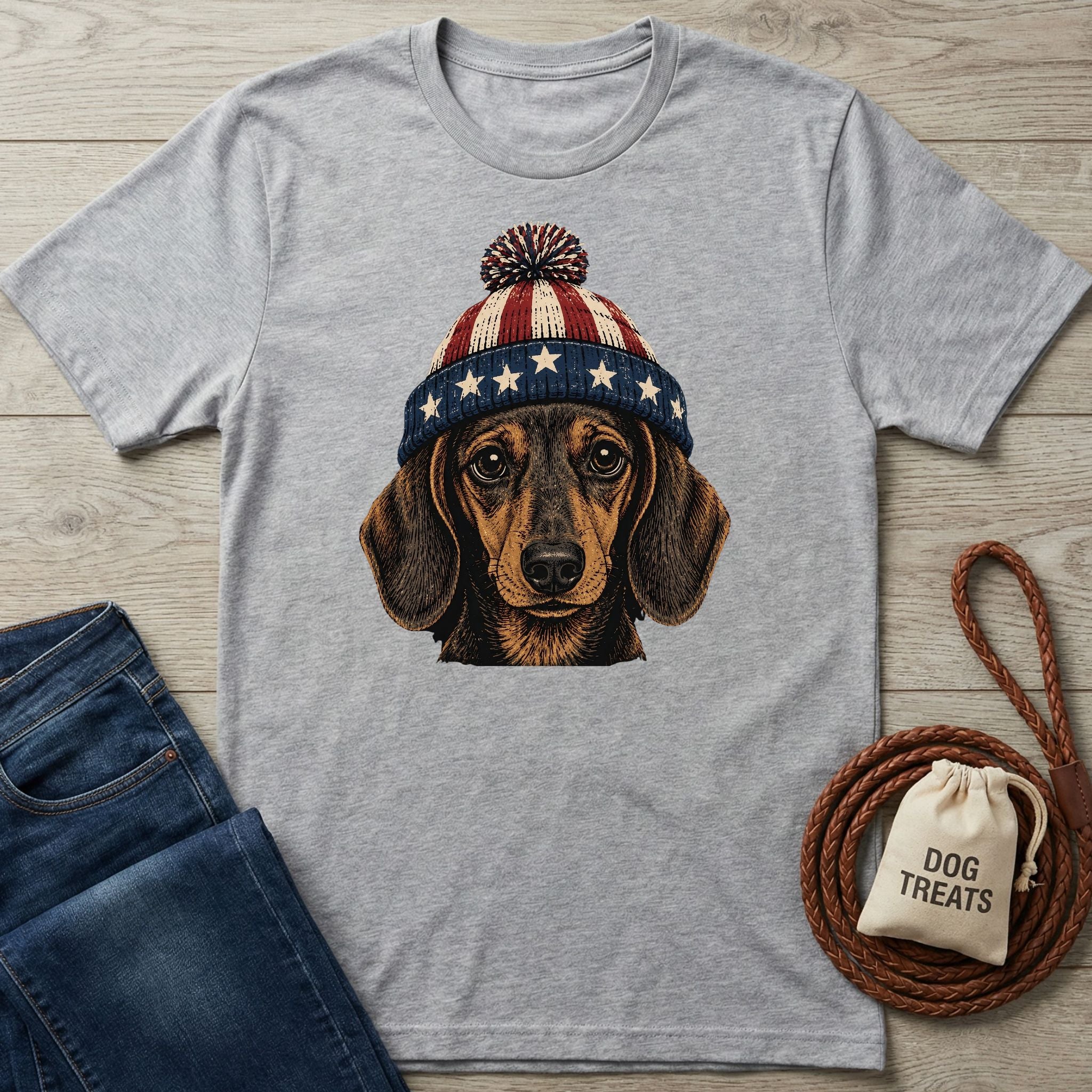 Gray t-shirt with a dachshund wearing a red, white, and blue stars and stripes pom-pom hat.