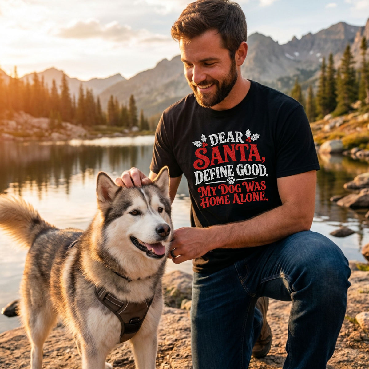 Man wearing a black crewneck T-shirt with red and white festive text, petting a husky by a mountain lake at sunset.