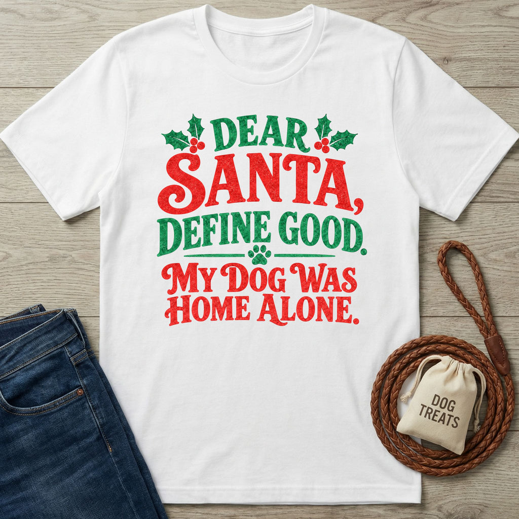 White crewneck T-shirt with festive red and green Dear Santa Define Good text, holly accents, and a paw print graphic.