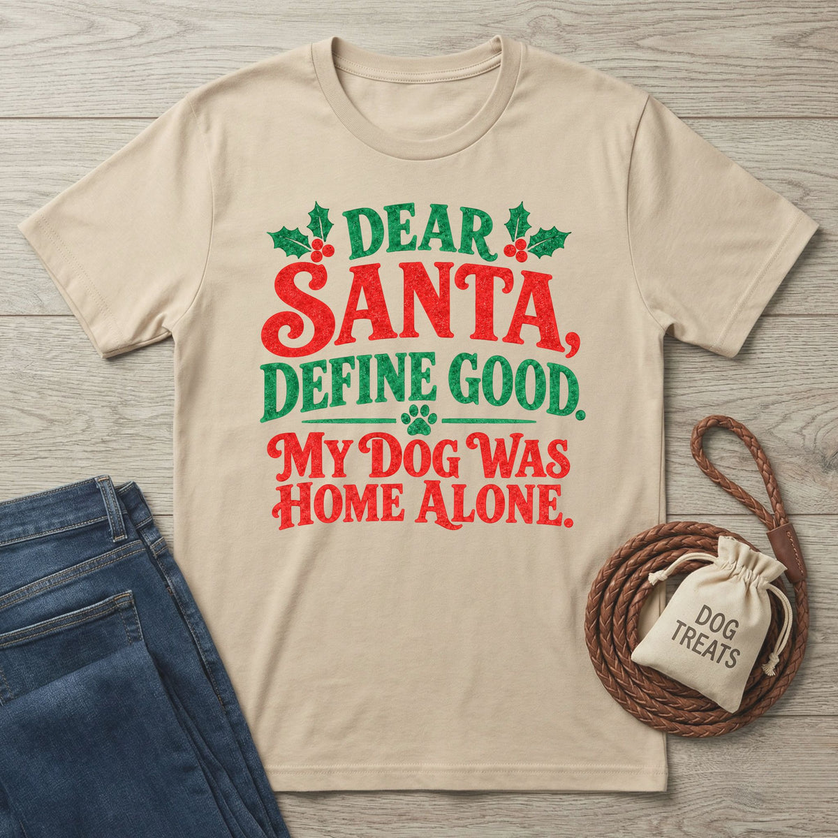 Beige crewneck T-shirt with red and green festive text reading Dear Santa, Define Good, My Dog Was Home Alone, on wood background.