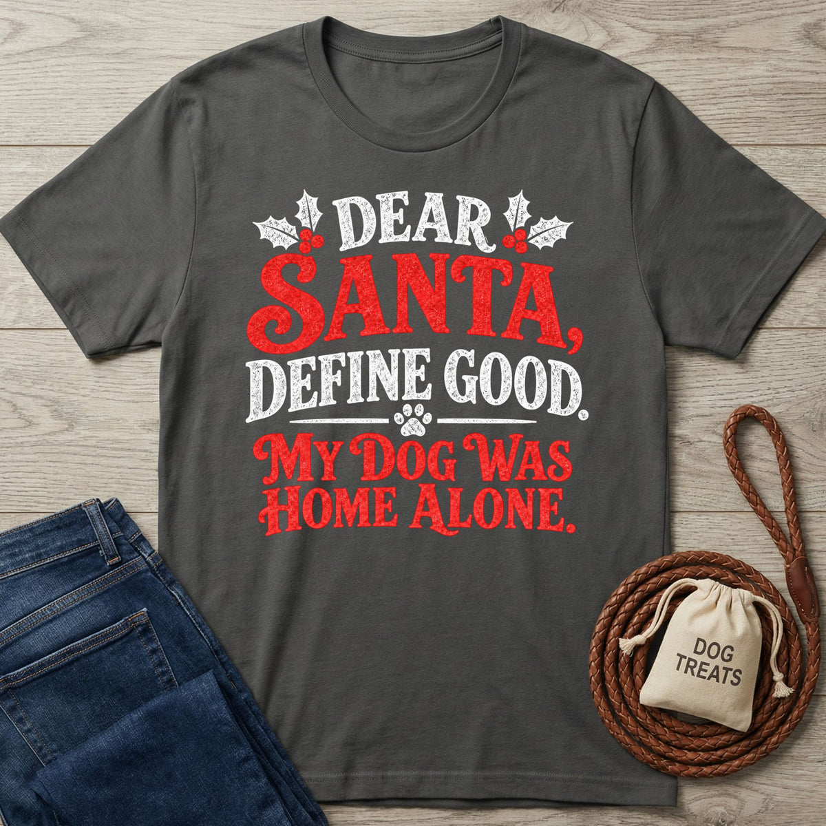 Charcoal grey cotton T-shirt featuring festive red and white Dear Santa Define Good holiday text with a paw print design.