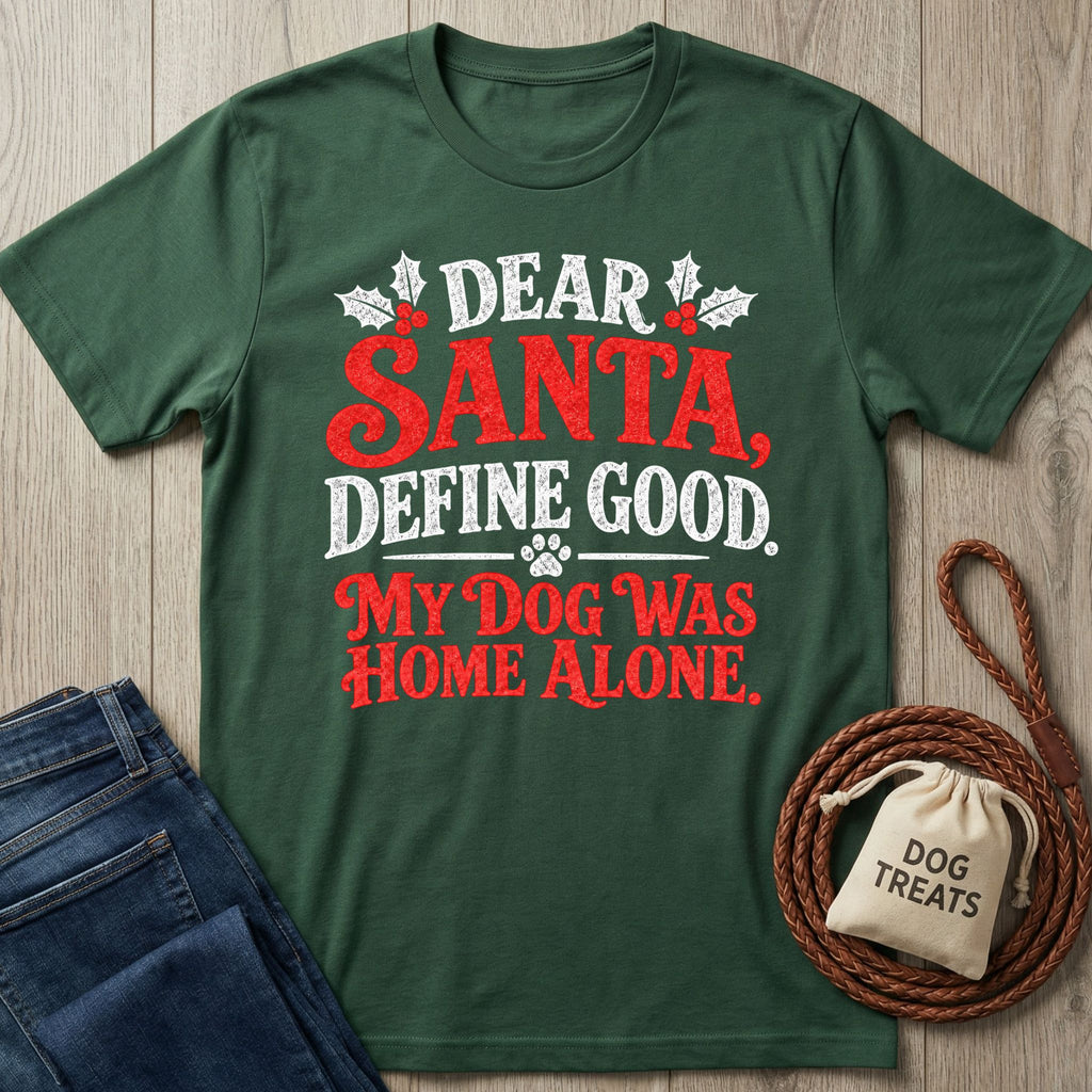 Forest green cotton T-shirt featuring festive red and white text that reads Dear Santa, Define Good, My Dog Was Home Alone.