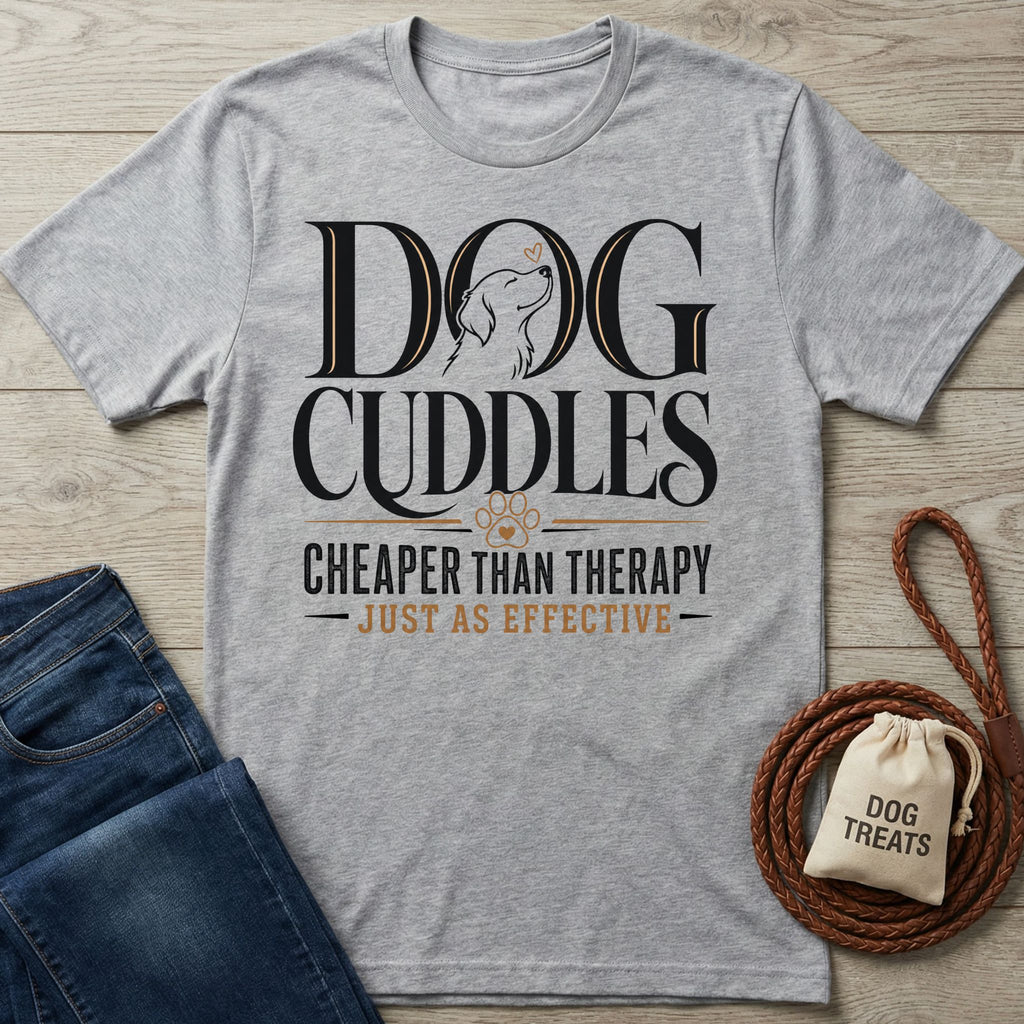 Grey crewneck t-shirt featuring Dog Cuddles Cheaper Than Therapy text, a dog illustration, and a paw print graphic.