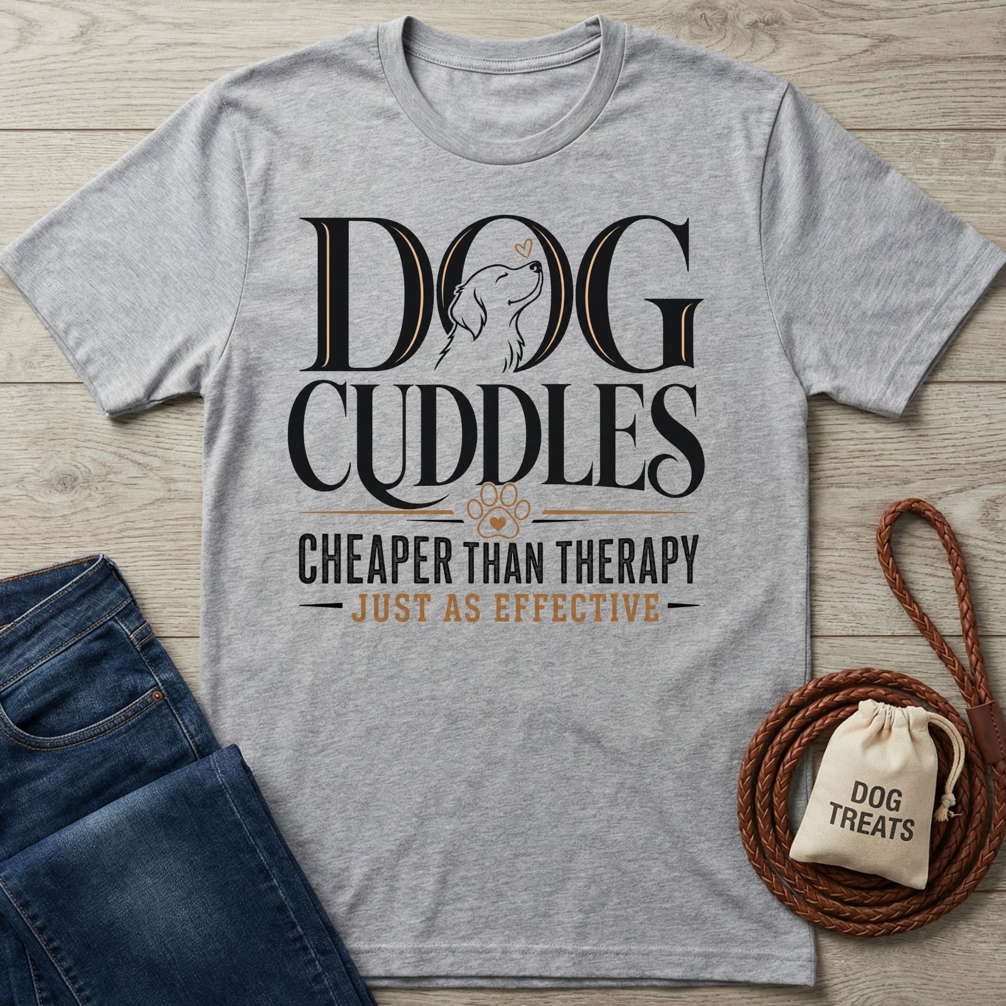 Grey crewneck t-shirt featuring Dog Cuddles Cheaper Than Therapy text, a dog illustration, and a paw print graphic.