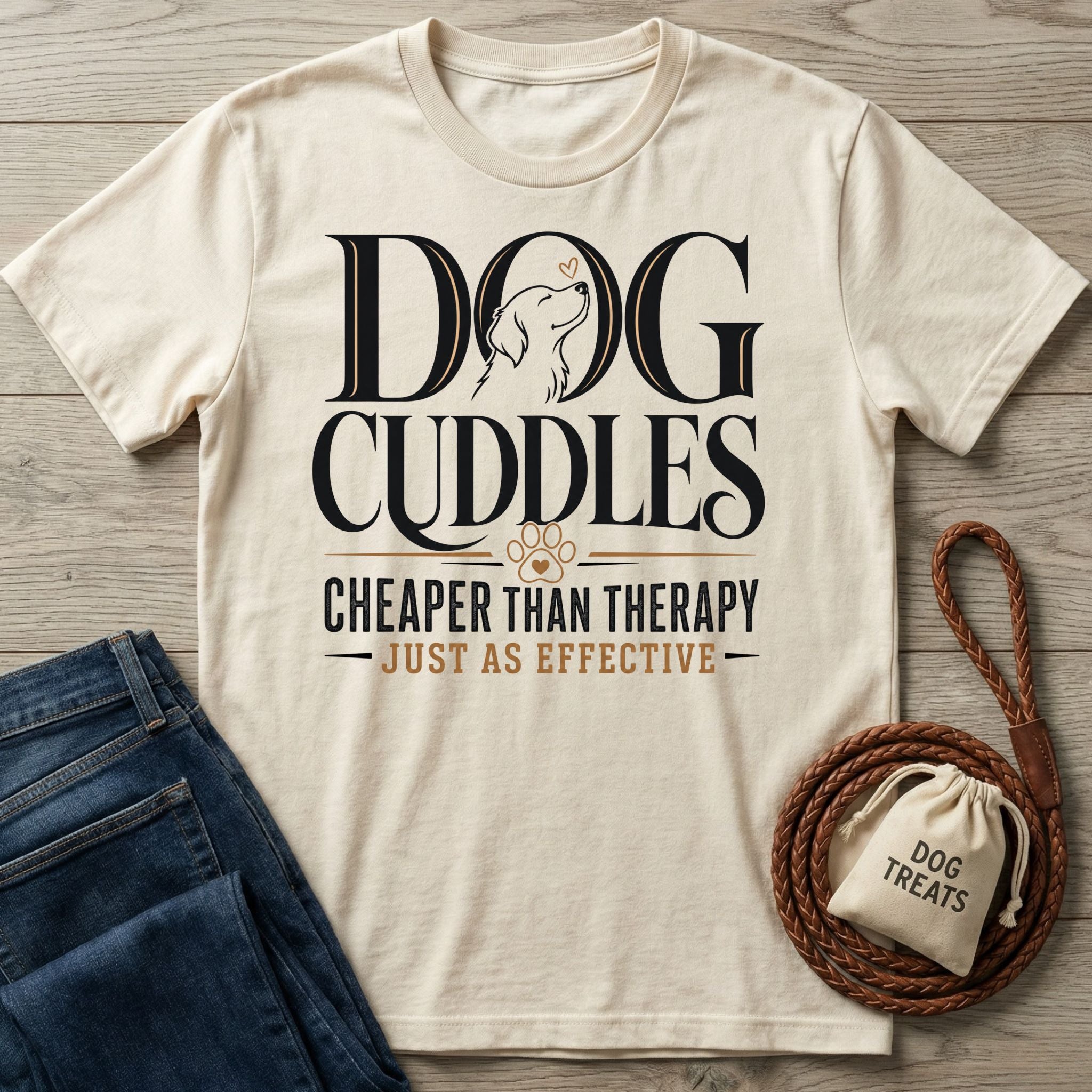 Cream-colored crewneck t-shirt featuring black and gold Dog Cuddles Cheaper Than Therapy text with a dog illustration.