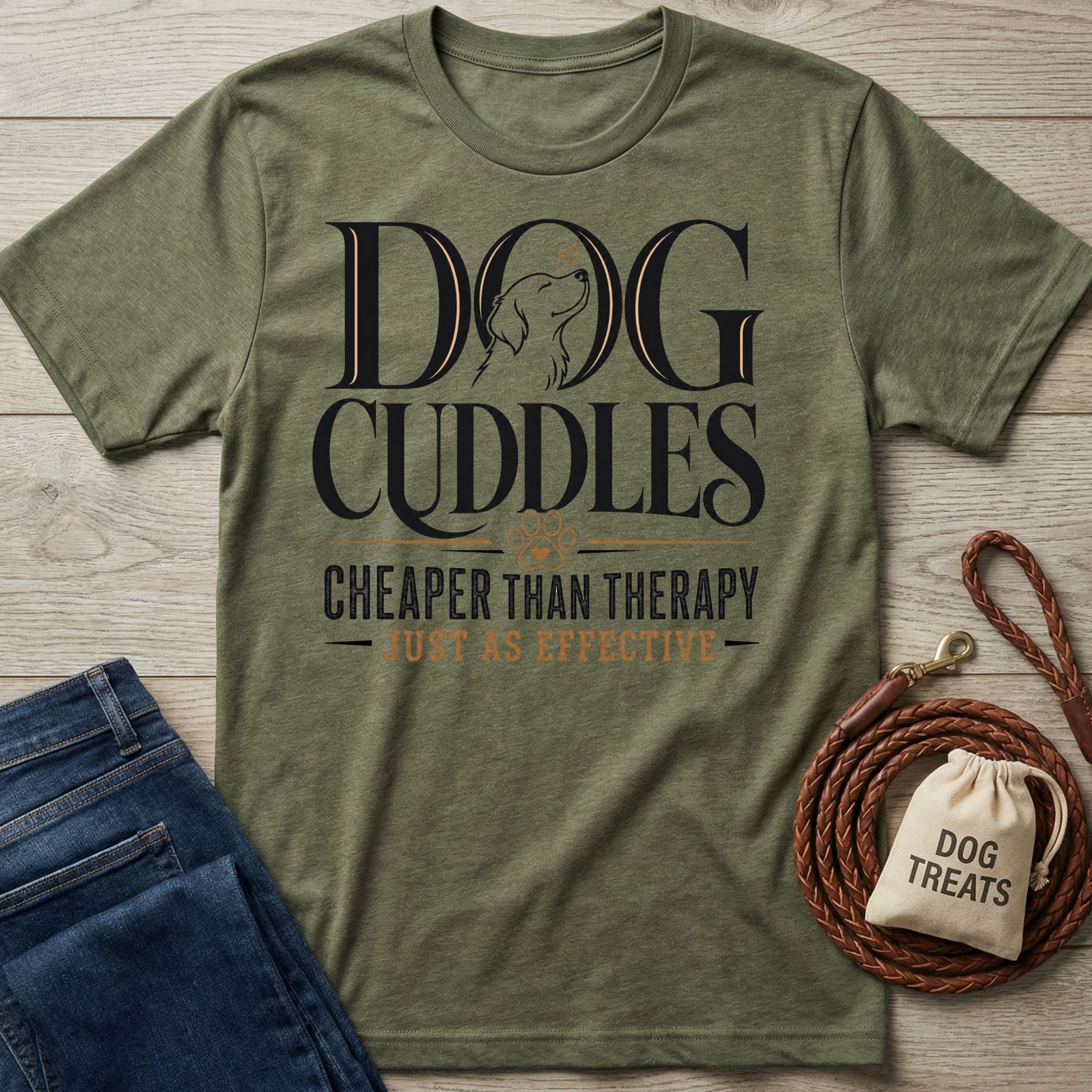 Olive green crewneck T-shirt with Dog Cuddles Cheaper Than Therapy graphic, displayed with a leather leash and treat bag.