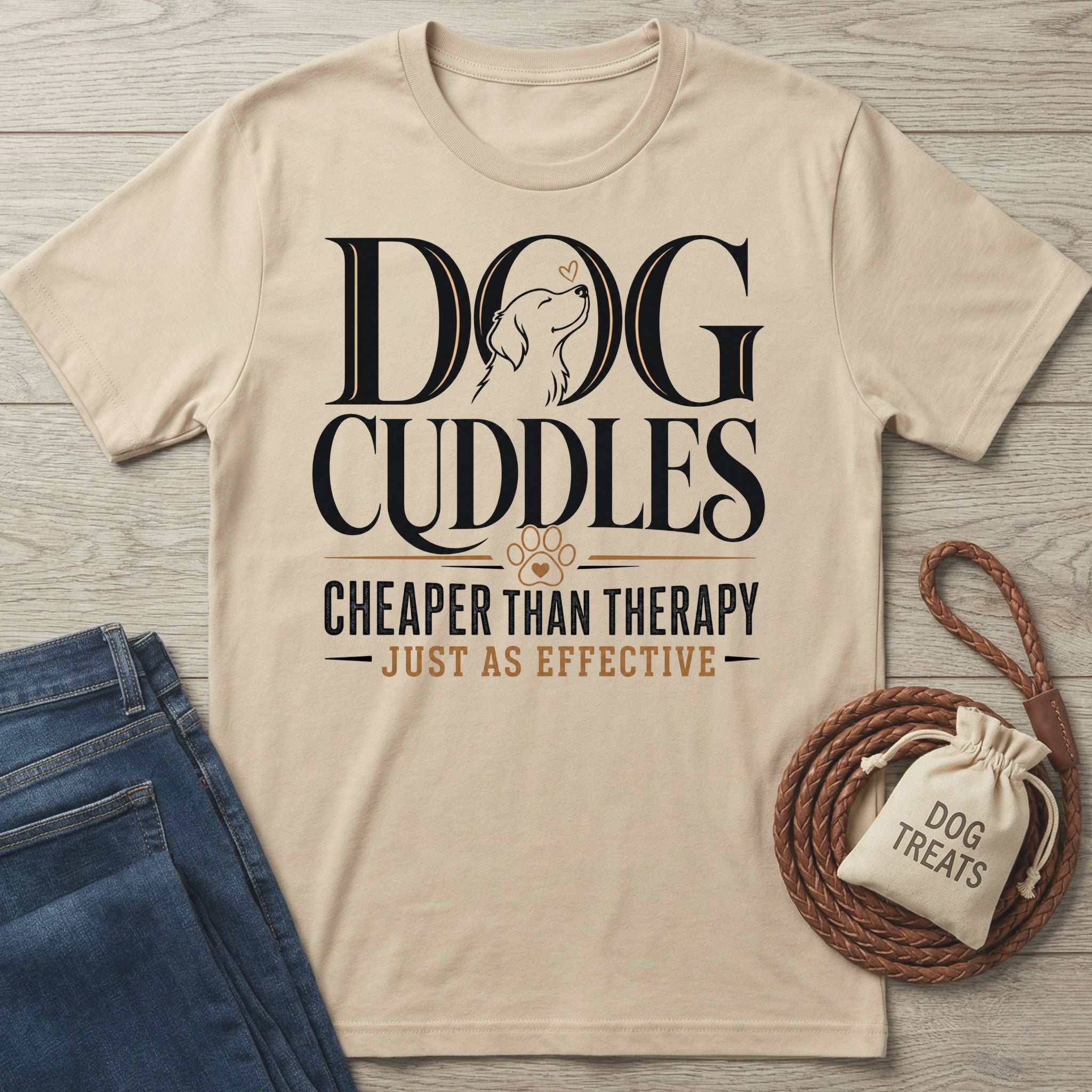 Beige cotton t-shirt with black and brown Dog Cuddles Cheaper Than Therapy graphic print, laid flat with jeans and a treat bag.