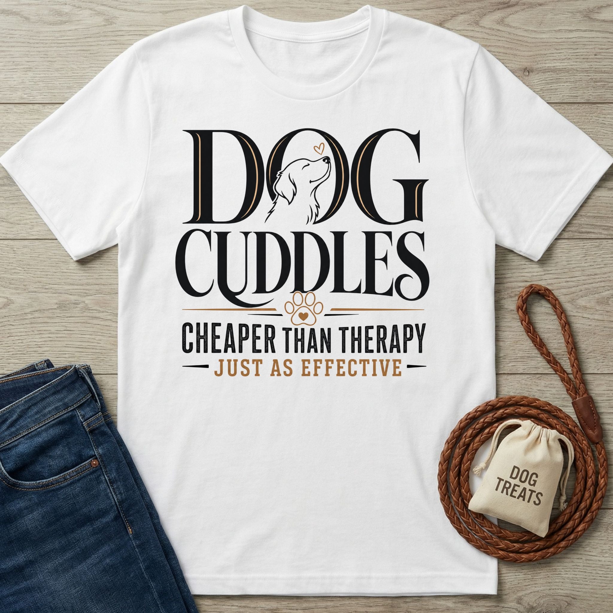 White crew neck t-shirt featuring a black and tan Dog Cuddles graphic with a paw print and dog illustration.