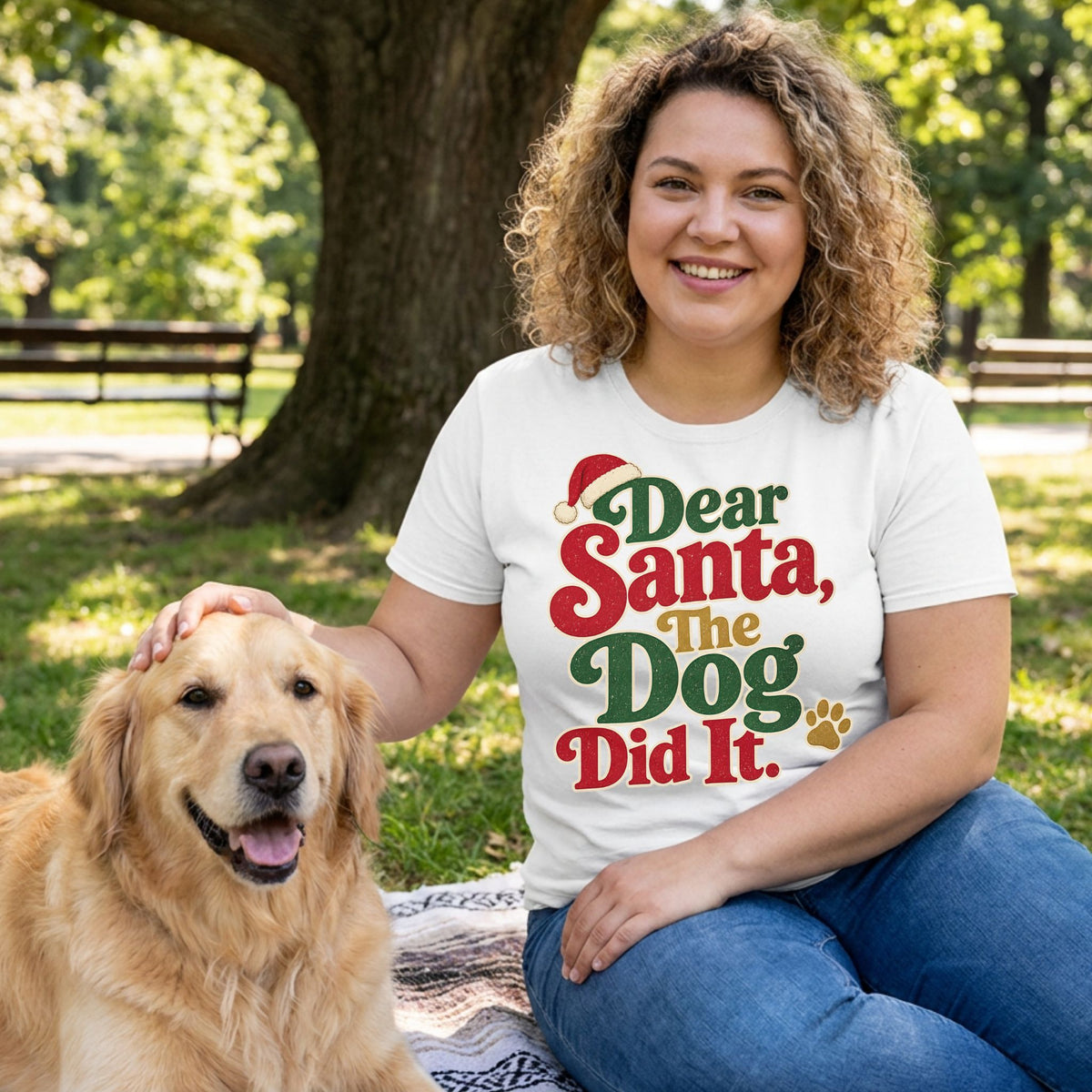 Woman wearing a white t-shirt with festive red, green, and gold Dear Santa, The Dog Did It text, sitting with a golden retriever.