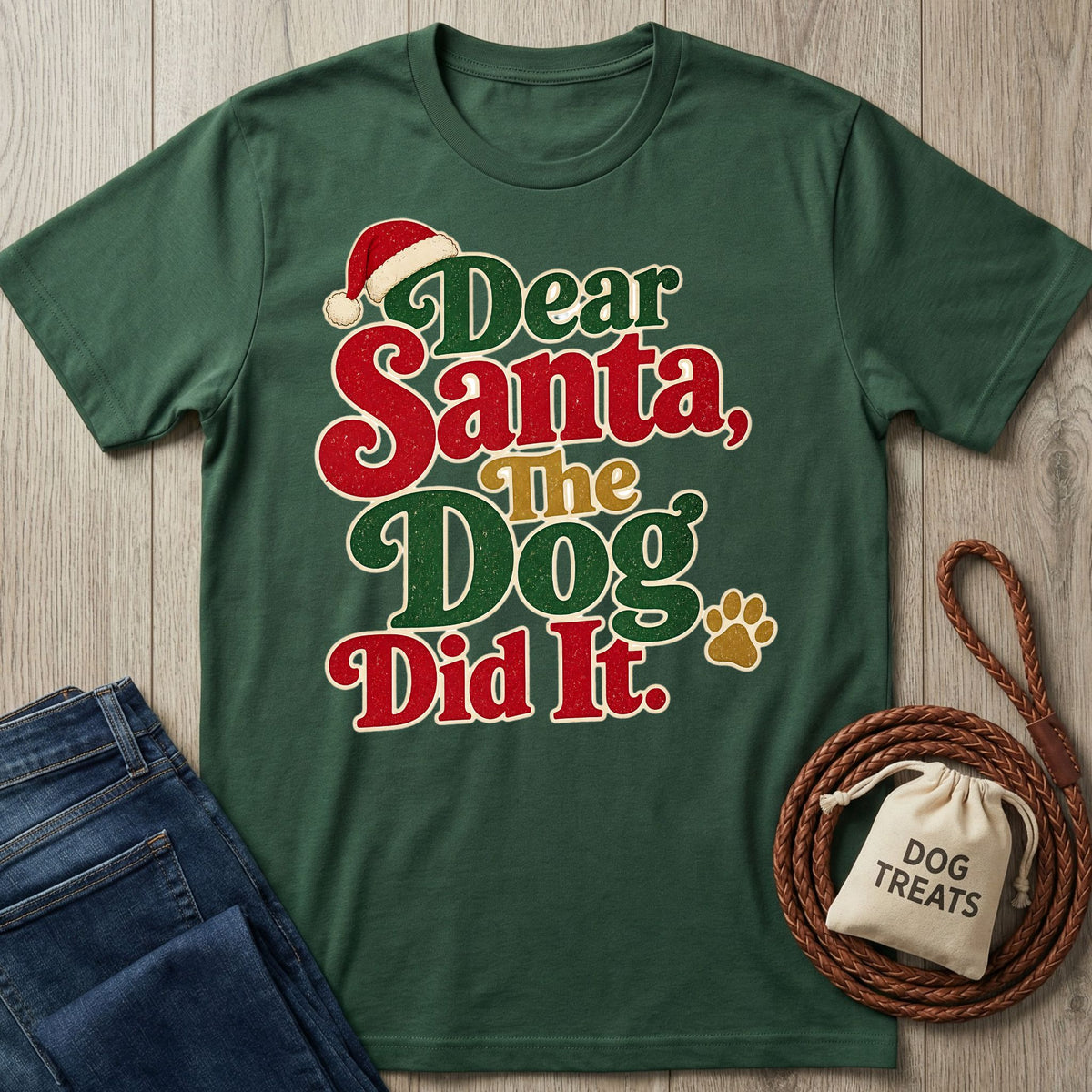 Forest green crewneck t-shirt featuring festive red, green, and gold Dear Santa The Dog Did It text with a Santa hat.