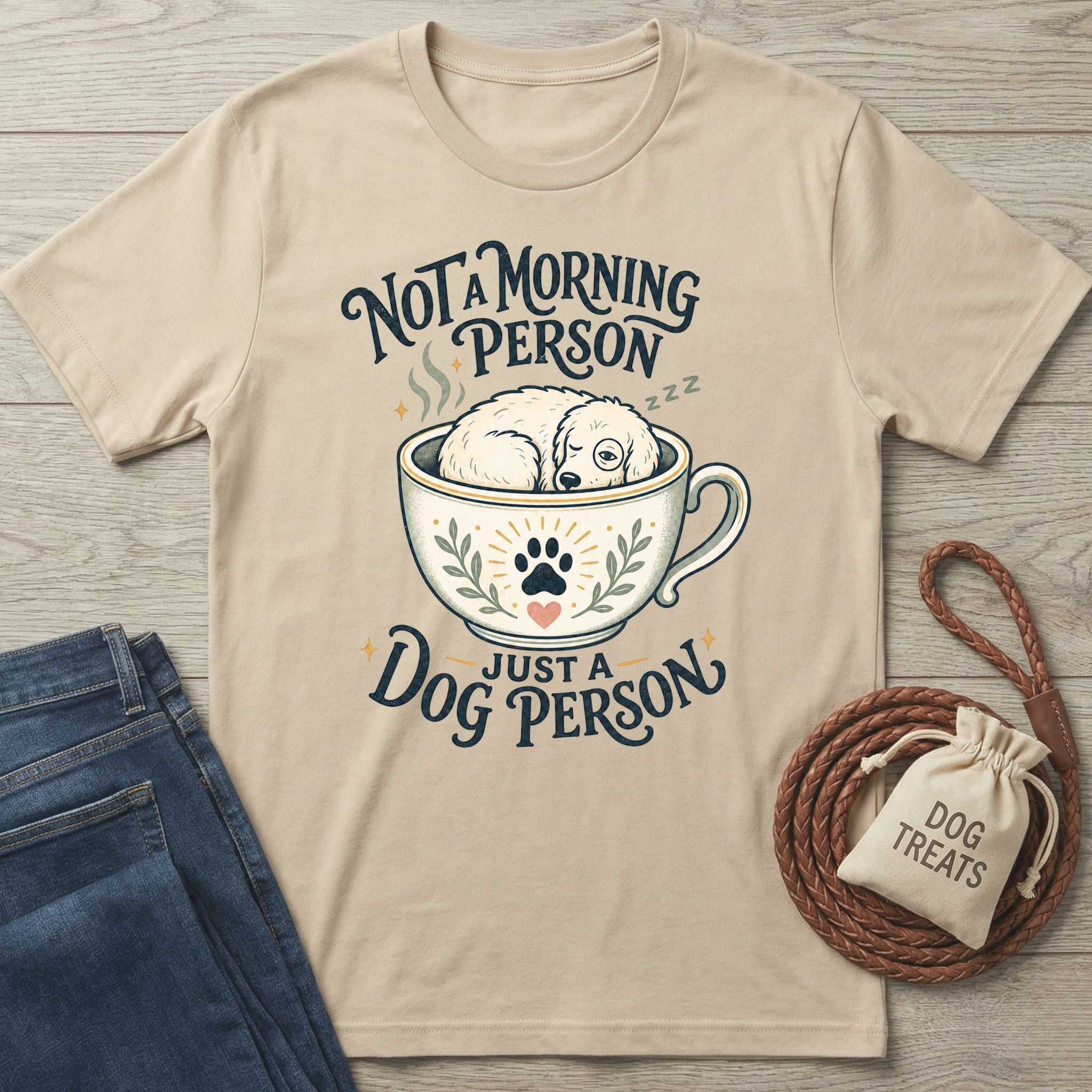Beige crewneck t-shirt featuring a sleeping dog in a coffee cup graphic with the text Not A Morning Person Just A Dog Person.