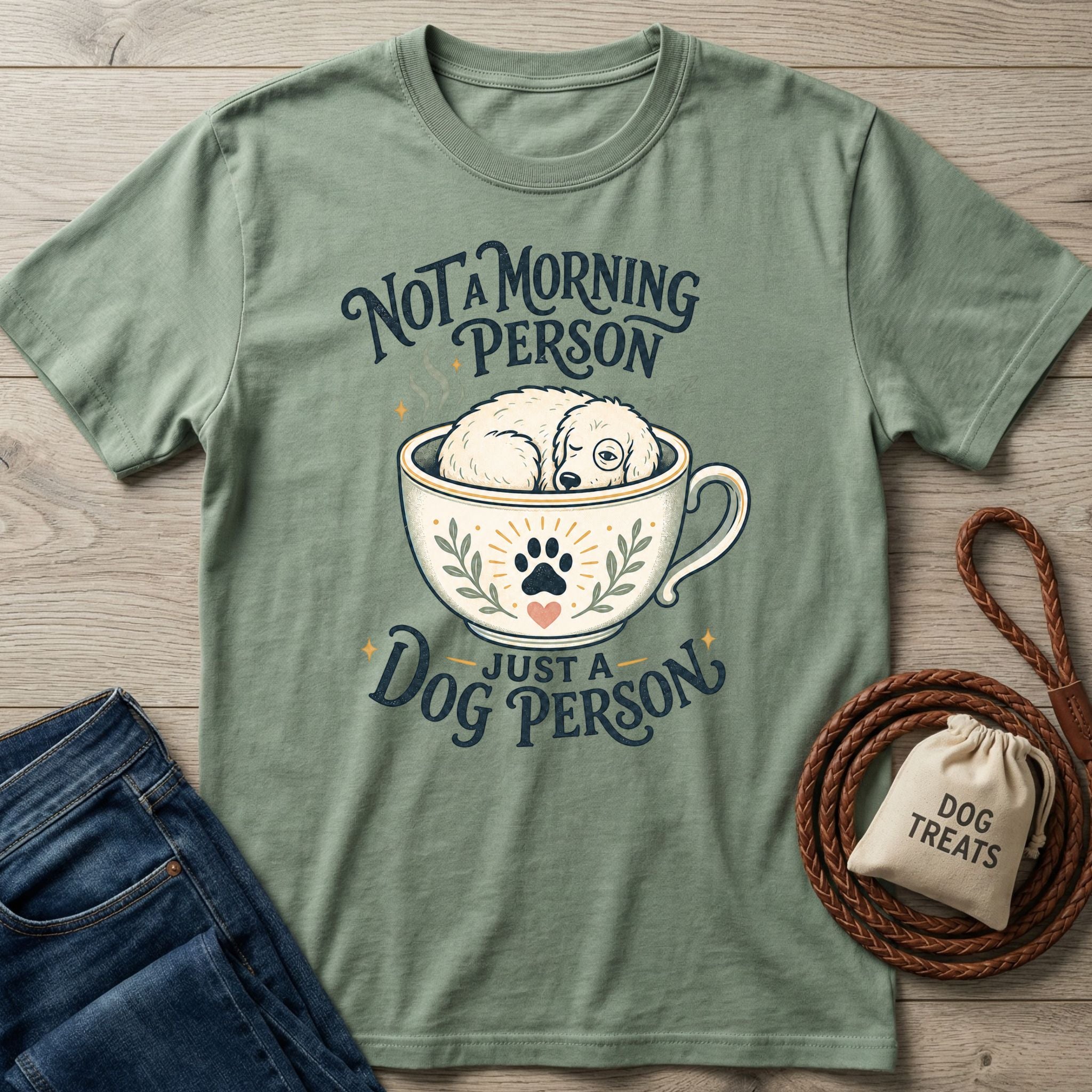 Sage green crewneck t-shirt featuring a graphic of a sleepy dog in a teacup with the text Not A Morning Person Just A Dog Person.