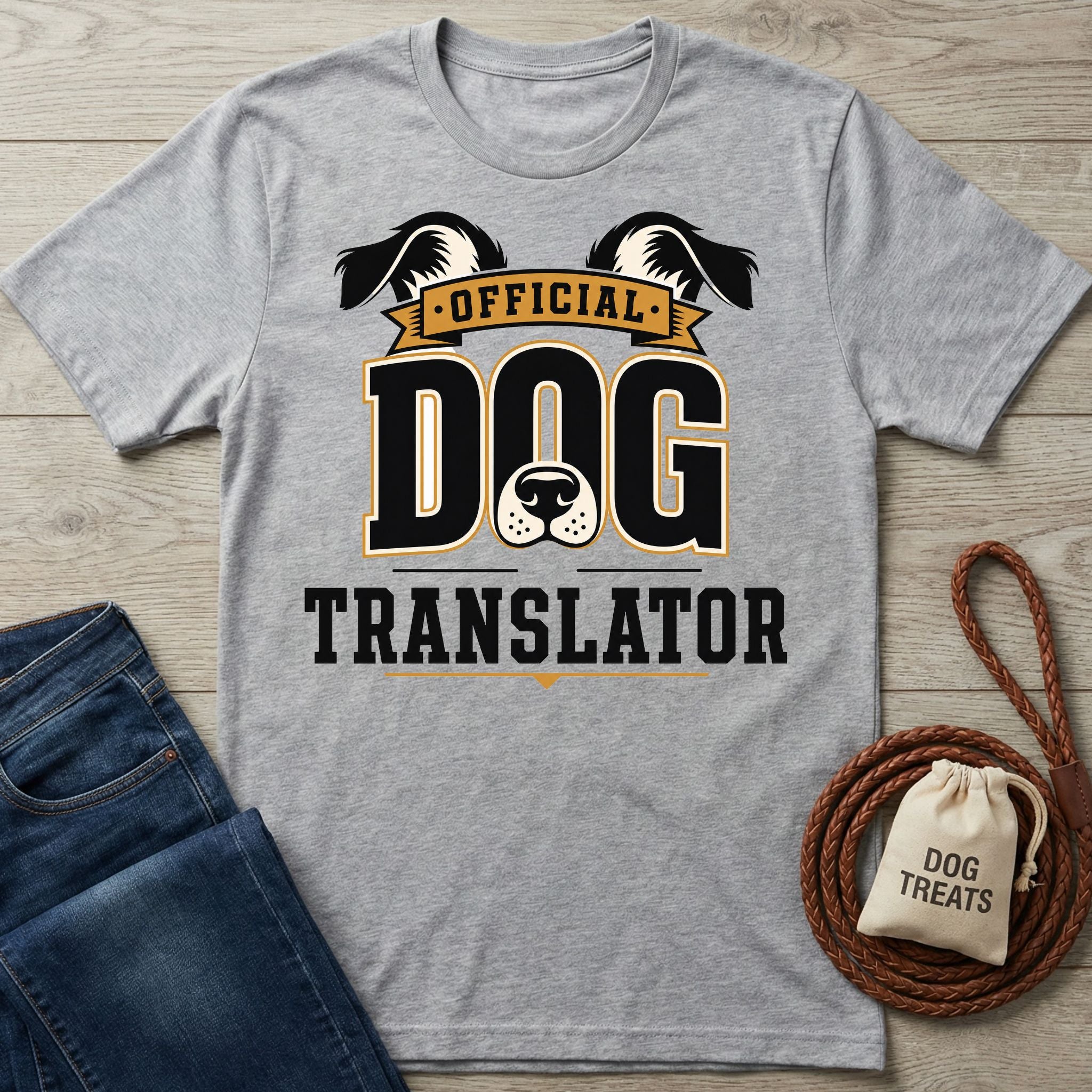 Grey crewneck t-shirt featuring an Official Dog Translator graphic with dog ears and nose, laid on a wooden surface.