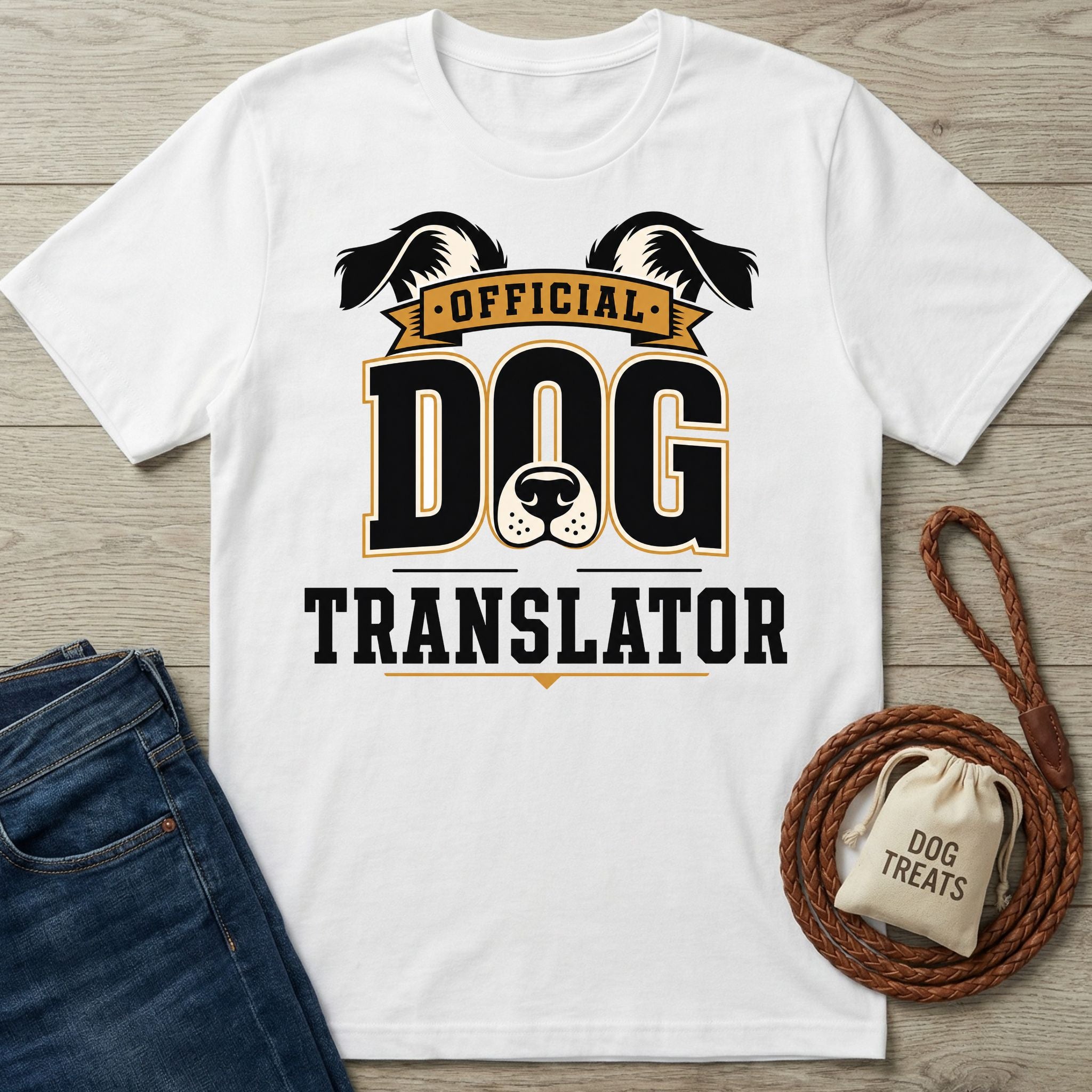 White crew neck t-shirt featuring black and gold Official Dog Translator graphic text with dog ears and nose icon.
