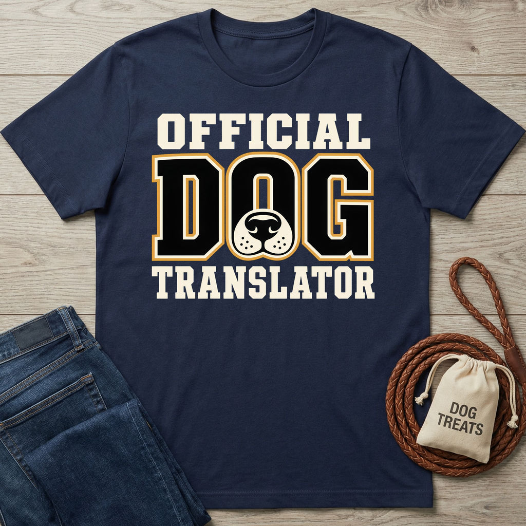 Navy blue crewneck t-shirt with Official Dog Translator text and a dog nose graphic, displayed with jeans and a treat bag.