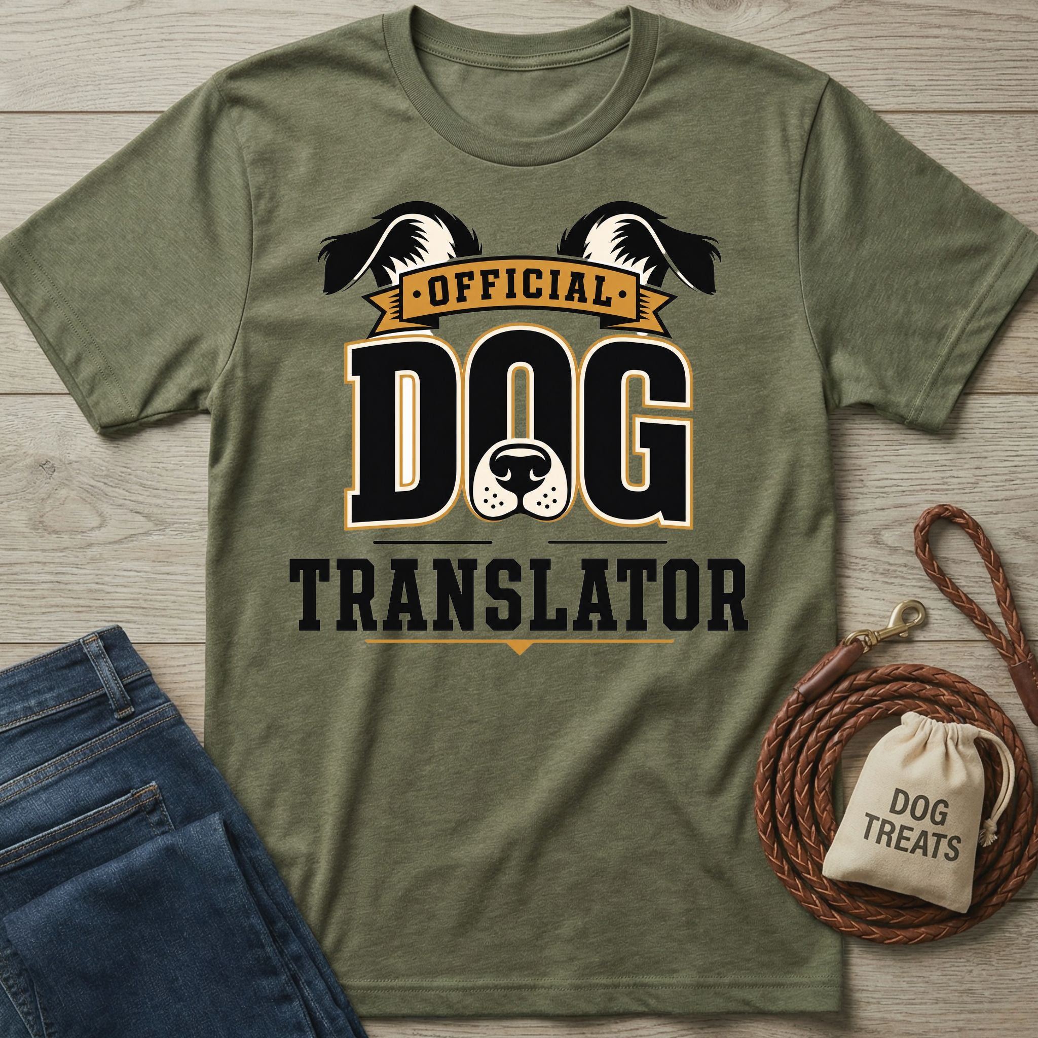 Olive green crewneck t-shirt featuring Official Dog Translator text and a dog nose graphic, displayed with jeans and a treat bag.