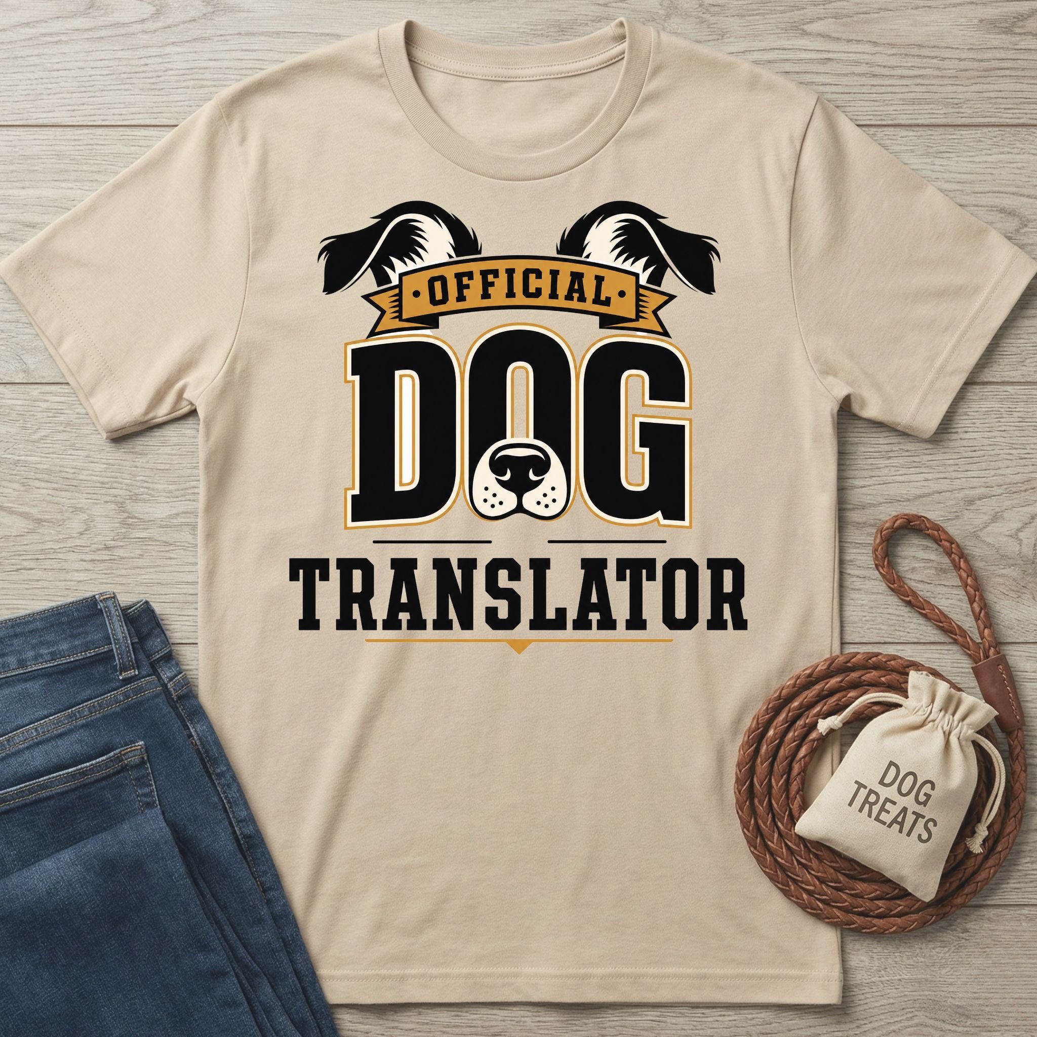 Beige crew neck t-shirt featuring an Official Dog Translator graphic with dog ears and a nose, laid on a wooden surface.