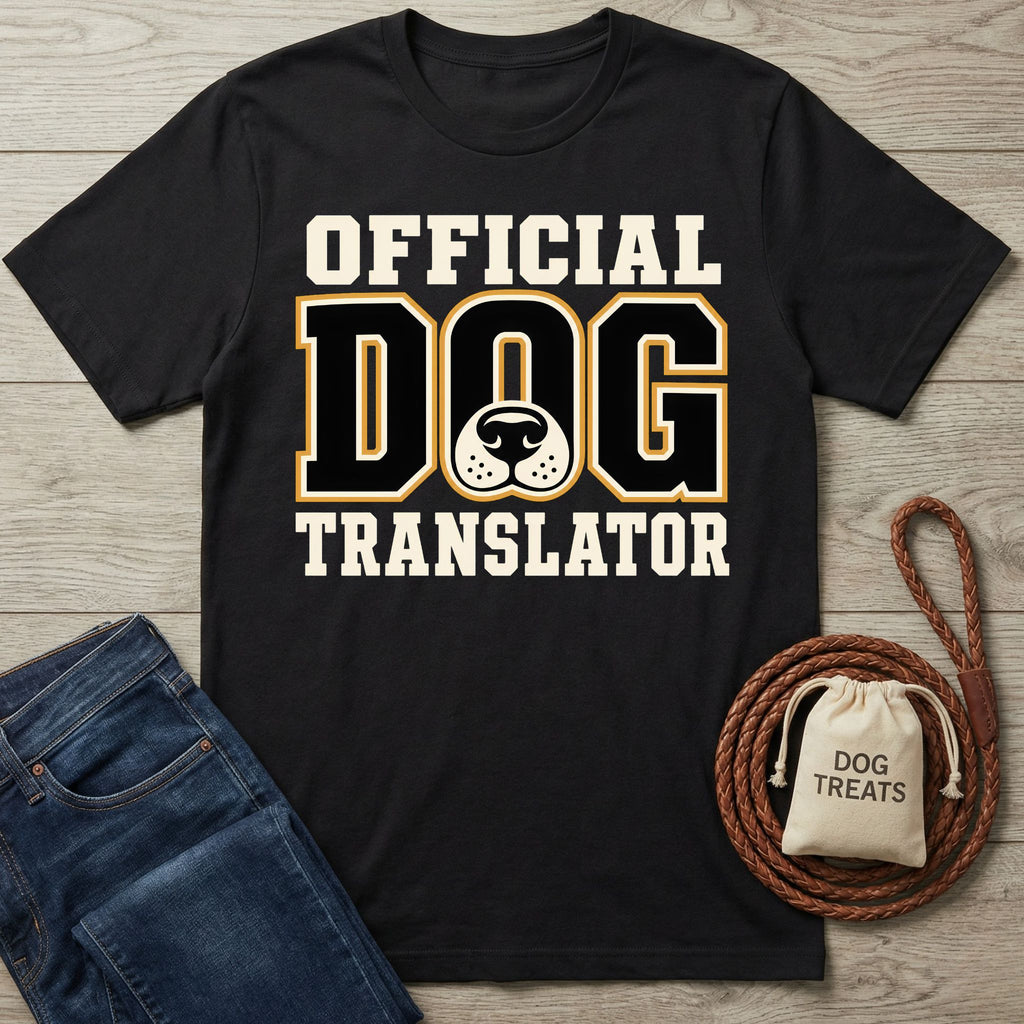 Black crewneck t-shirt featuring bold Official Dog Translator text and a dog nose graphic in white and gold.