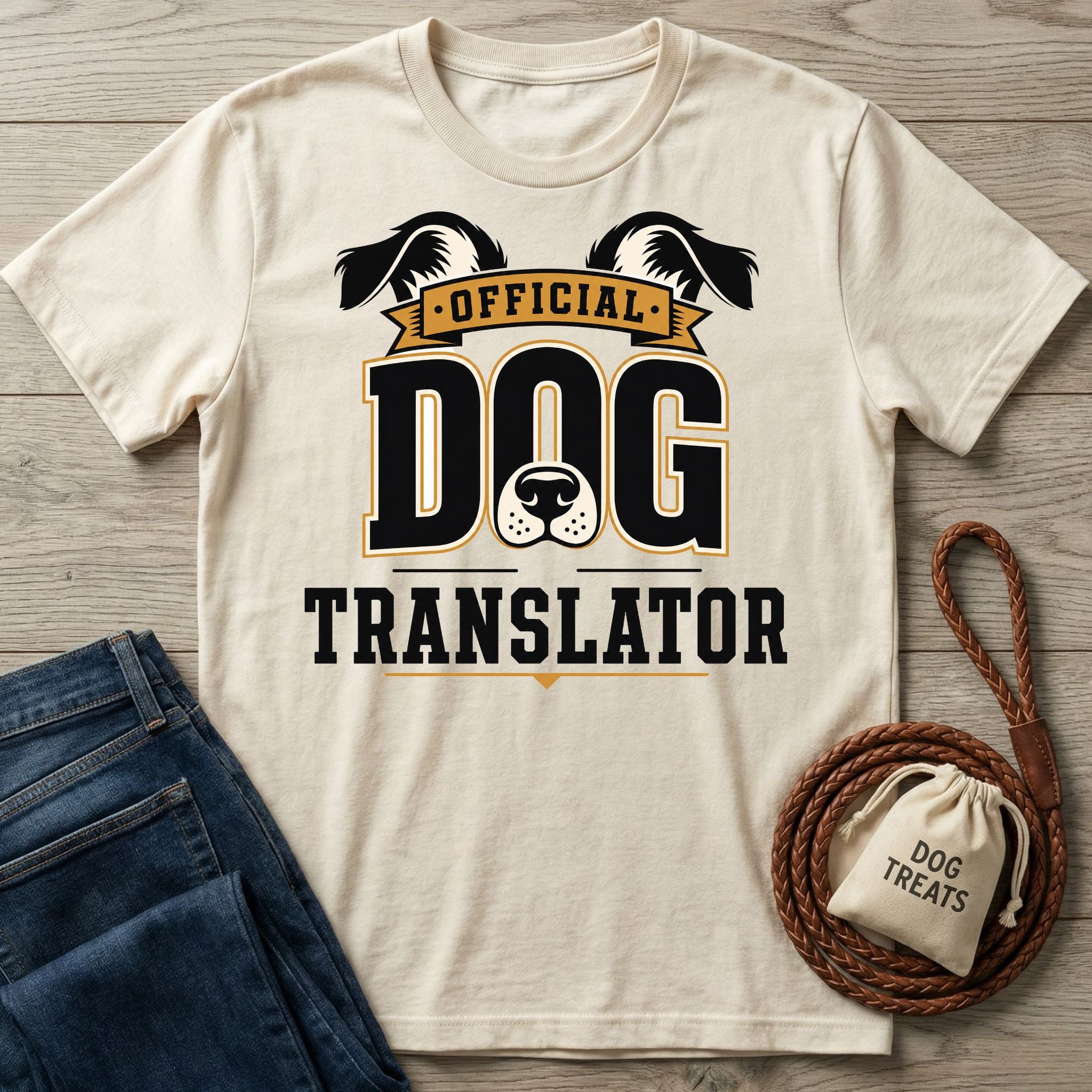 Cream-colored crew neck t-shirt featuring Official Dog Translator text, dog ears, and a nose graphic, laid on a wooden surface.