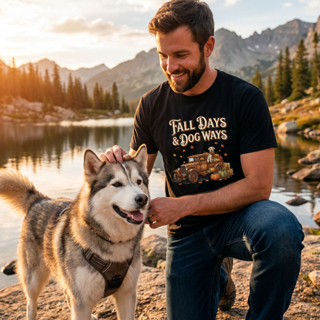 Man in black "Fall Days & Dog Ways" t-shirt petting a husky by a lake with mountains at sunset.