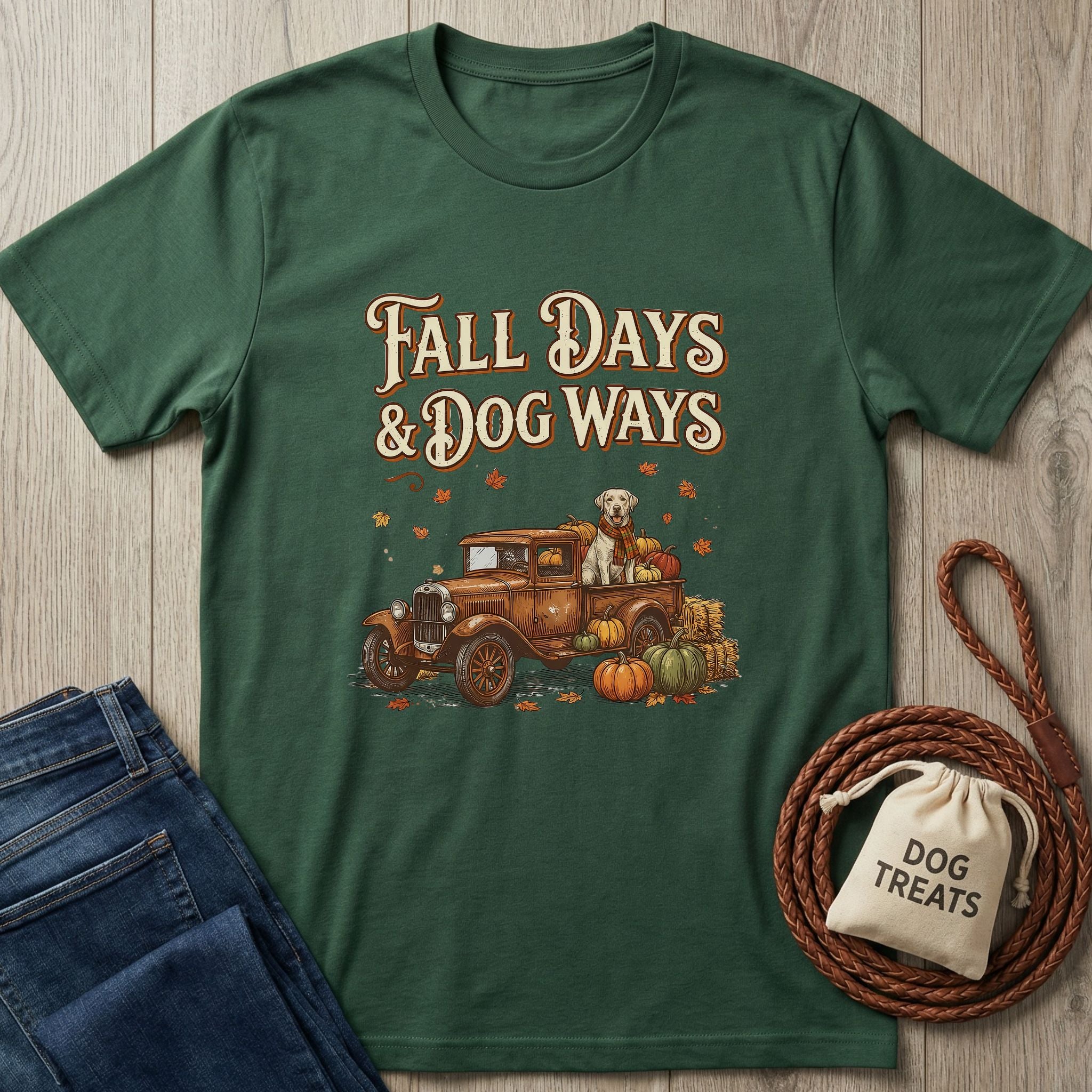 Dark green Gildan Softstyle® t-shirt with "Fall Days & Dog Ways" text, vintage truck, dog, and pumpkins.