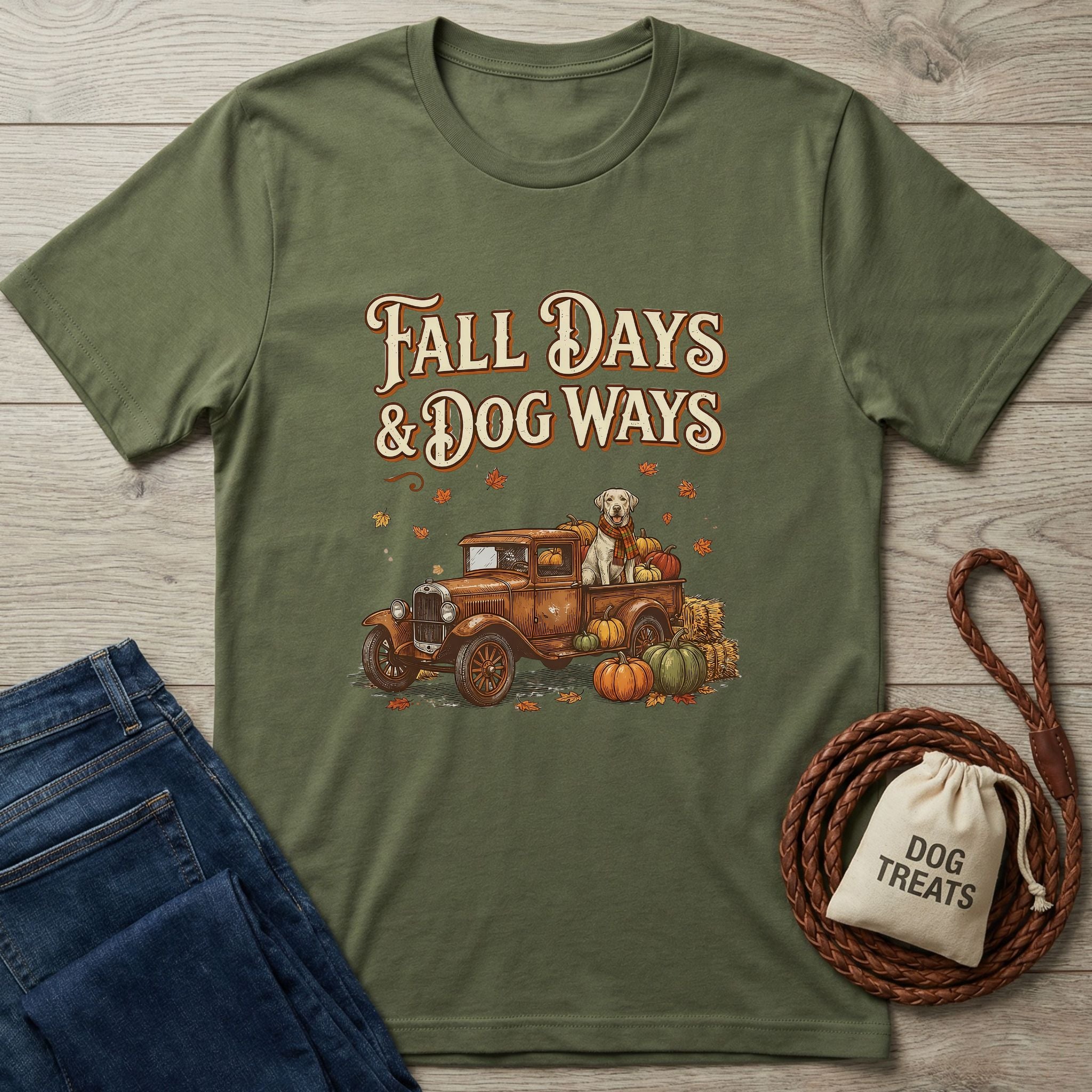 Olive green Gildan Softstyle t-shirt with "Fall Days & Dog Ways" text, vintage truck, dog, pumpkins, and fall leaves.
