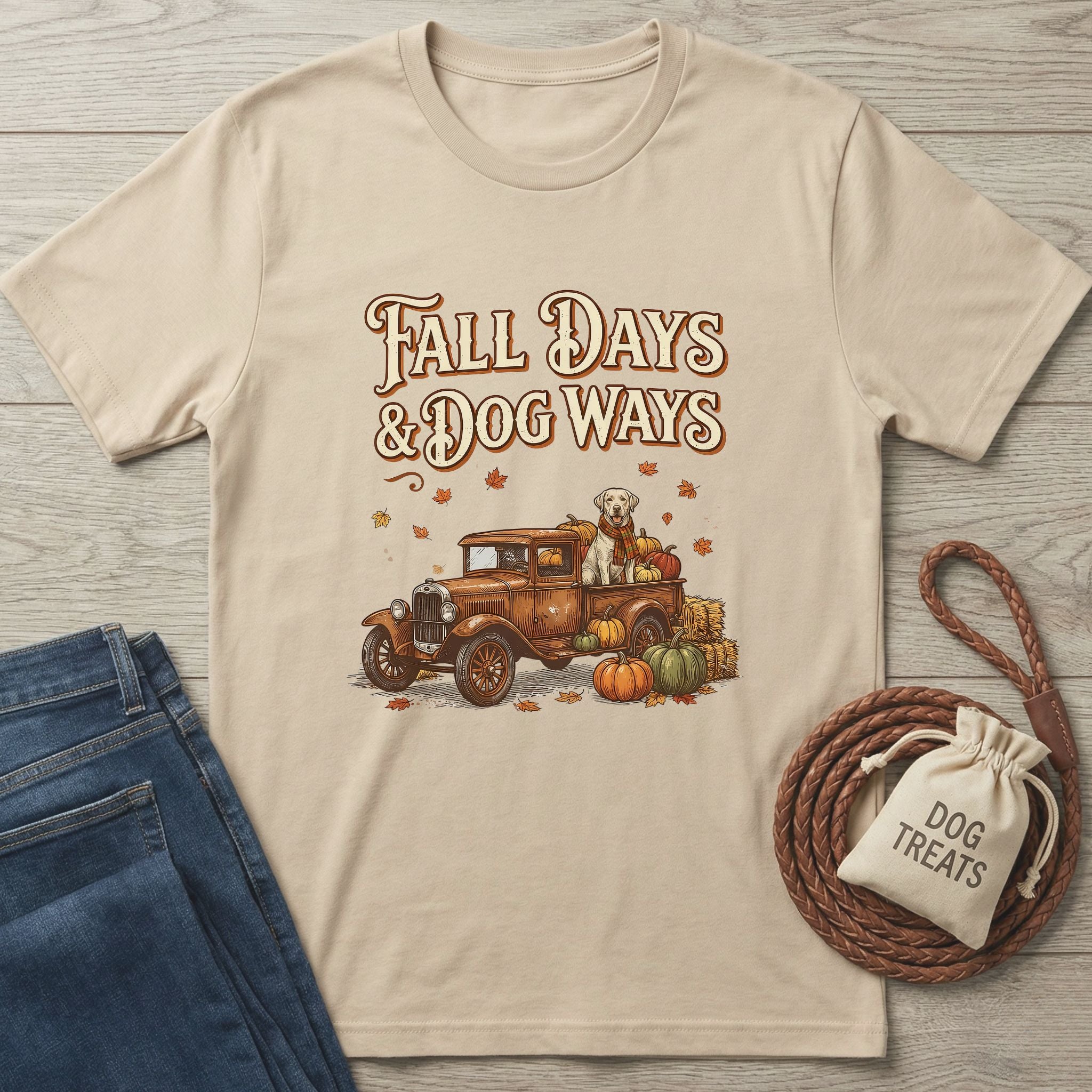 Light beige Gildan Softstyle® t-shirt with "Fall Days & Dog Ways" text, vintage truck, dog, and pumpkins.