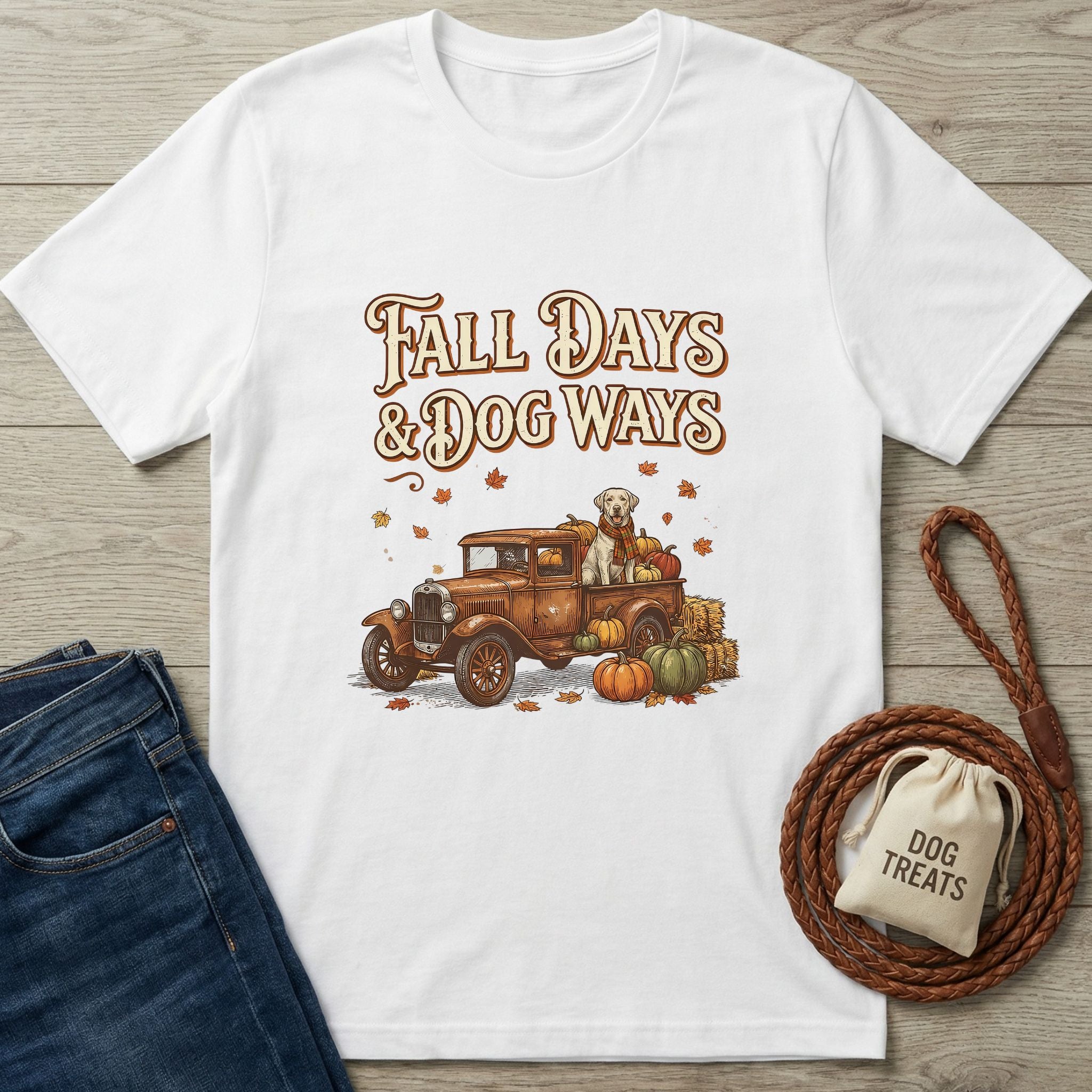White Gildan Softstyle® t-shirt with "Fall Days & Dog Ways" text and a vintage truck with a dog and pumpkins.