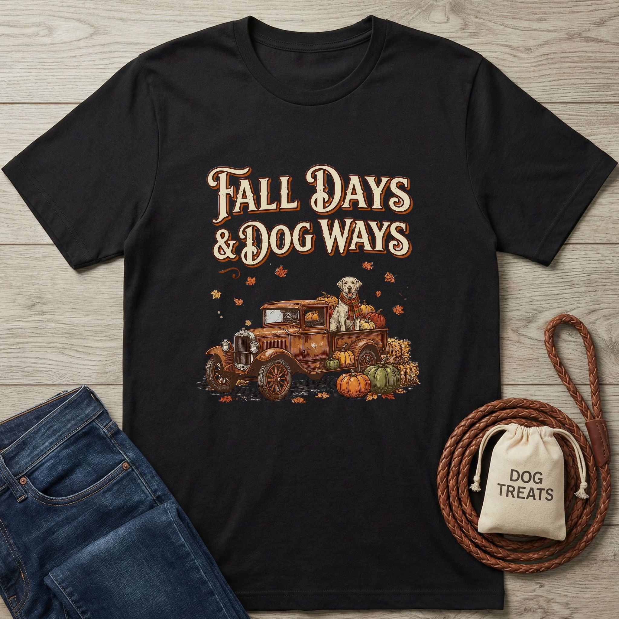 Black Gildan Softstyle® t-shirt with "Fall Days & Dog Ways" text, vintage truck, dog, and pumpkins.