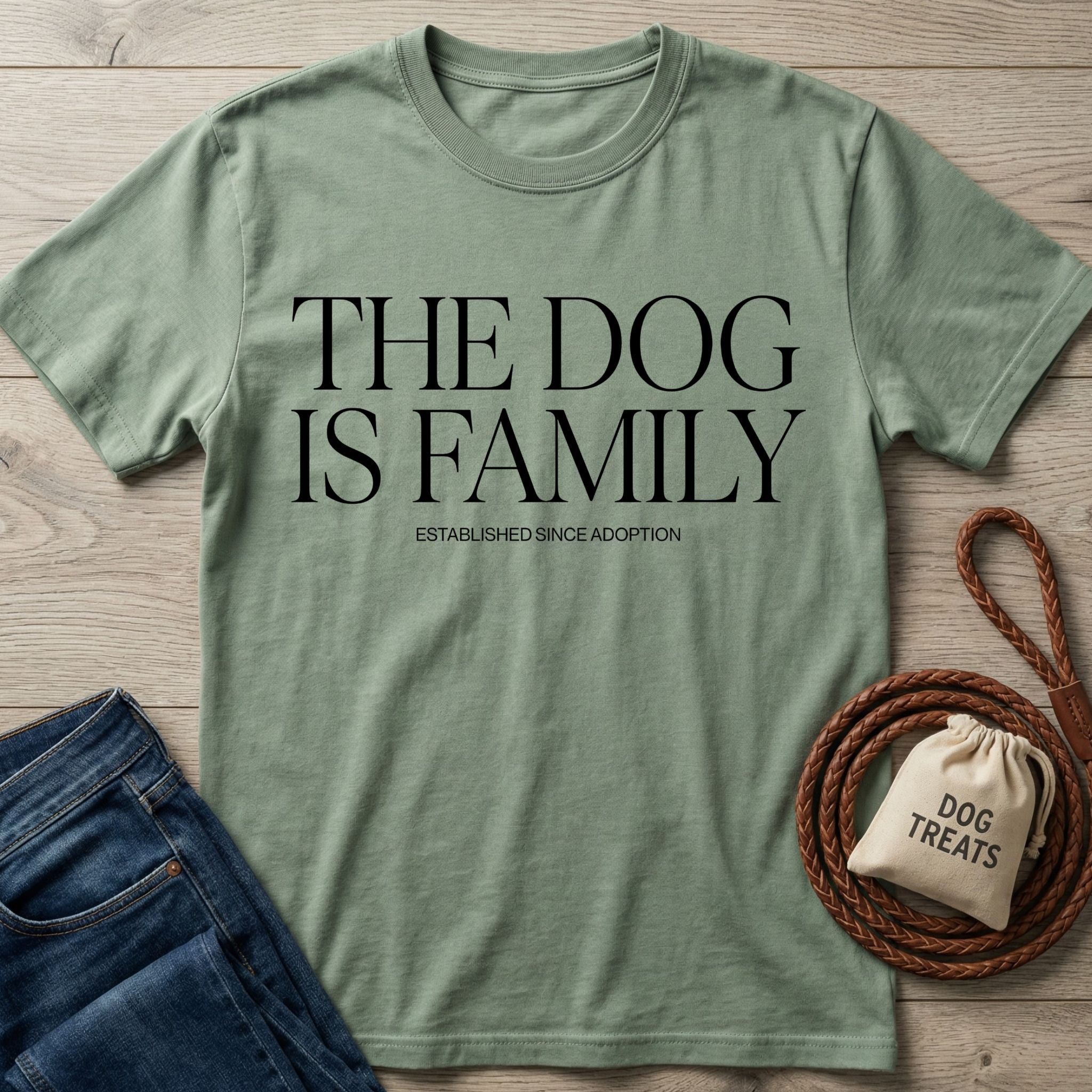 Sage green "The Dog Is Family" Gildan Softstyle® t-shirt with jeans, a leash, and treat bag.
