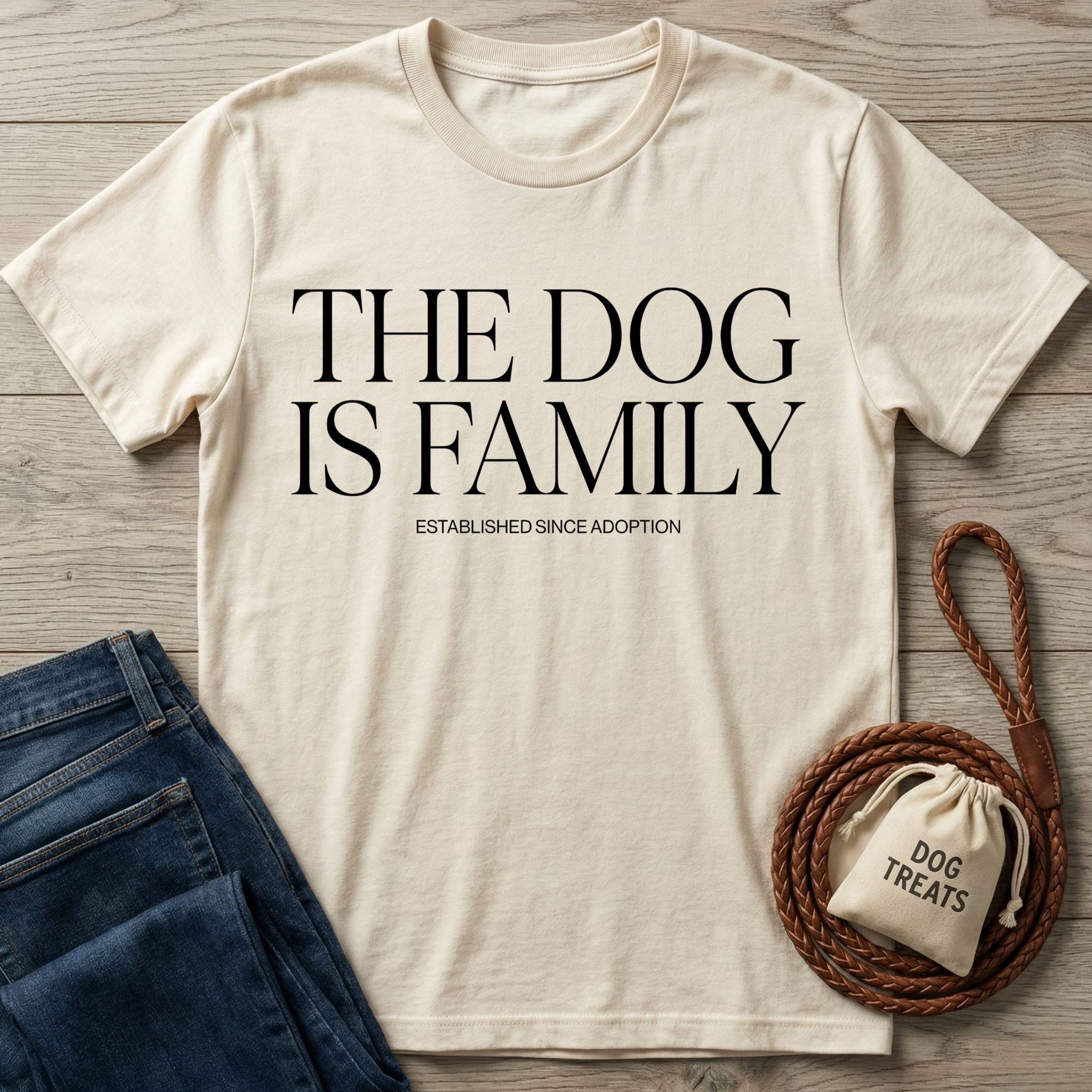 Cream Gildan Softstyle® t-shirt with "THE DOG IS FAMILY" text, blue jeans, and dog treats bag.