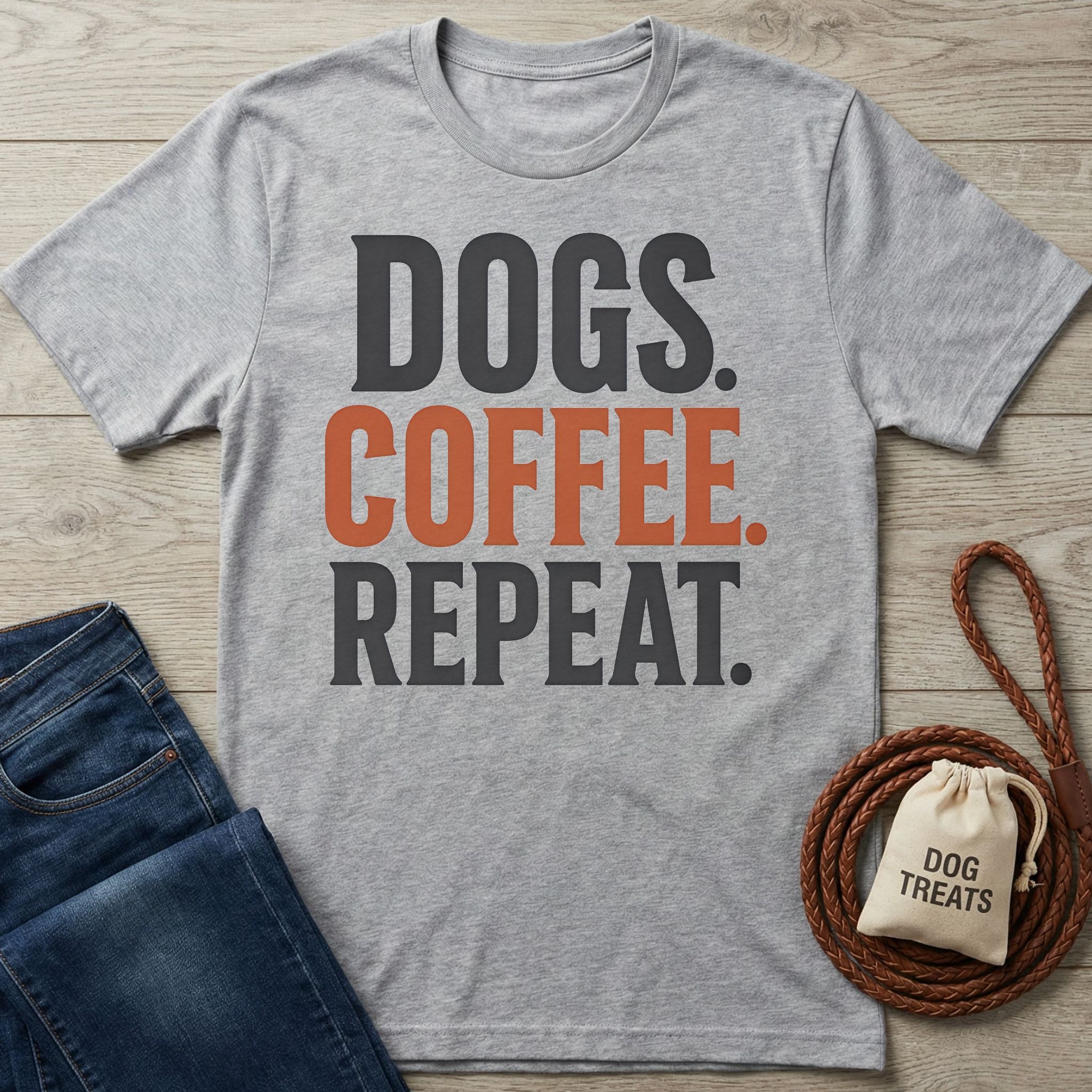 Grey crewneck t-shirt featuring the text Dogs, Coffee, Repeat in black and orange, laid on a wooden surface with jeans and a leash.