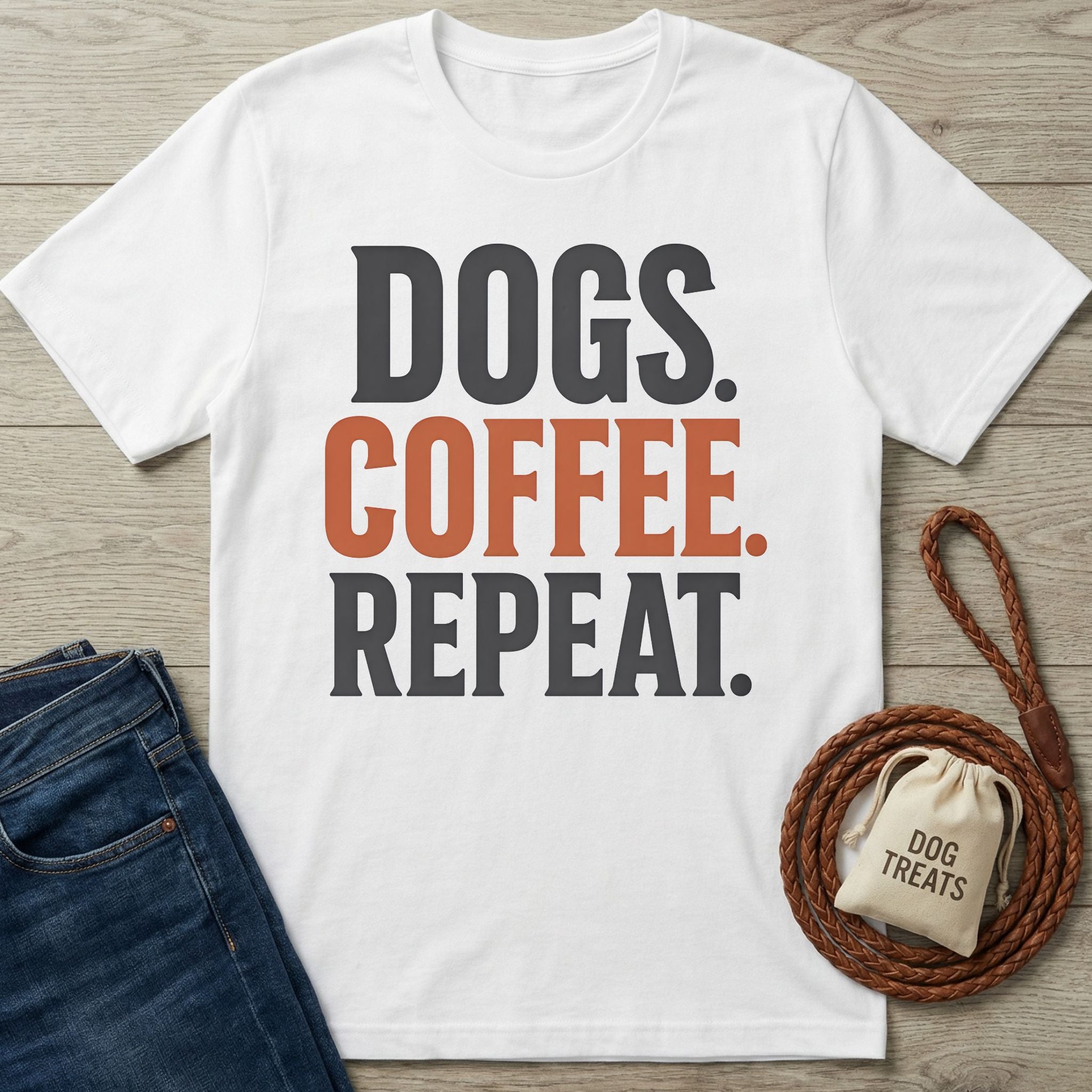 White cotton t-shirt featuring the text Dogs Coffee Repeat in bold black and orange lettering on a wooden background.