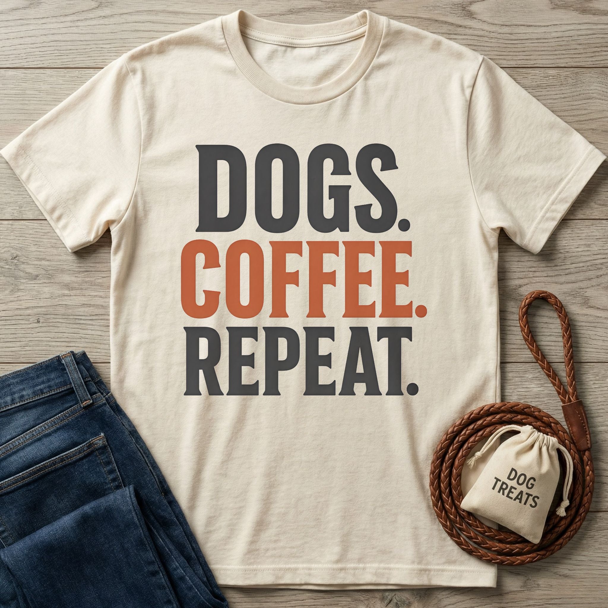 Cream-colored cotton t-shirt featuring the text Dogs, Coffee, Repeat in bold charcoal and orange lettering on a wood background.