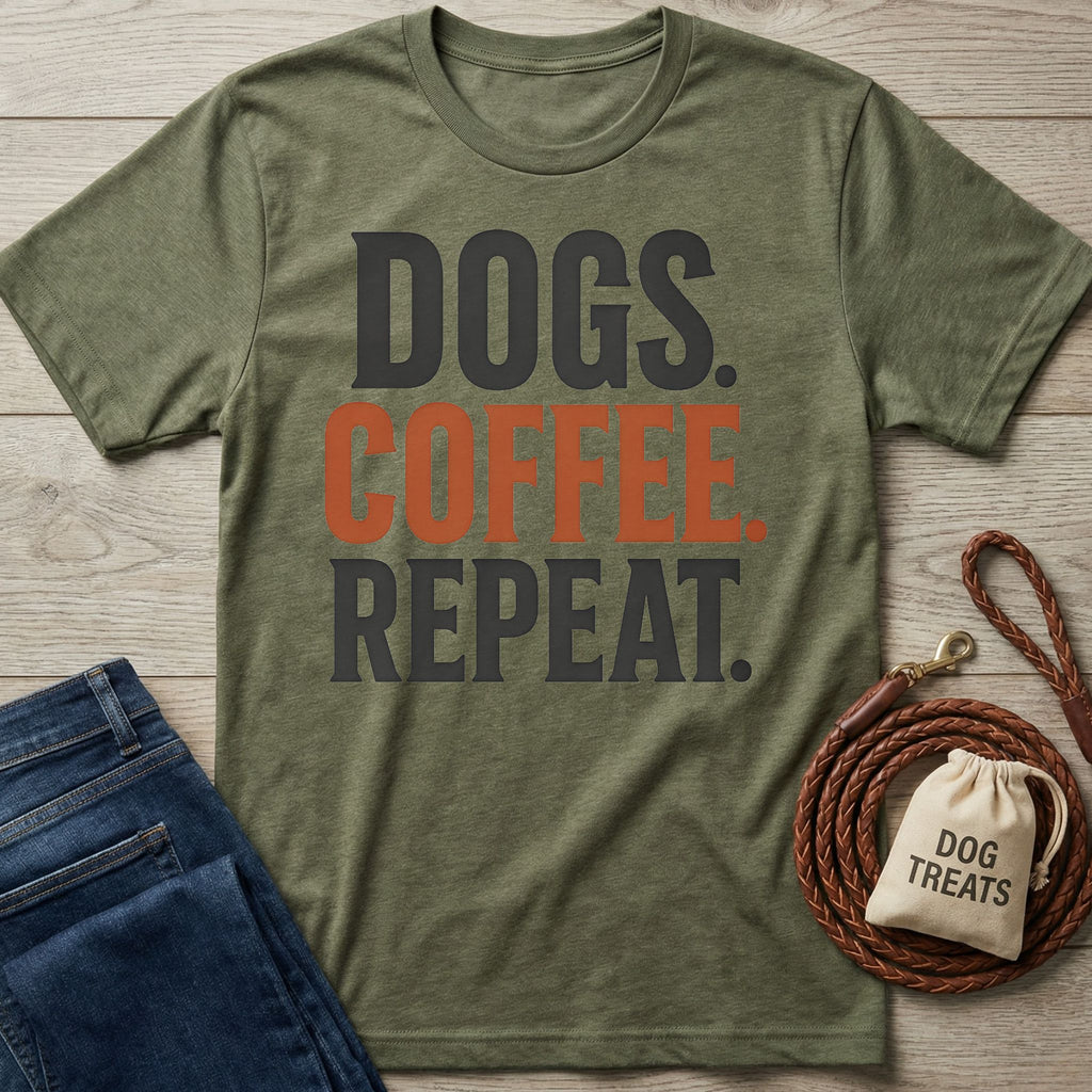 Olive green crewneck t-shirt featuring the text Dogs, Coffee, Repeat in black and orange, laid out with jeans and a dog leash.
